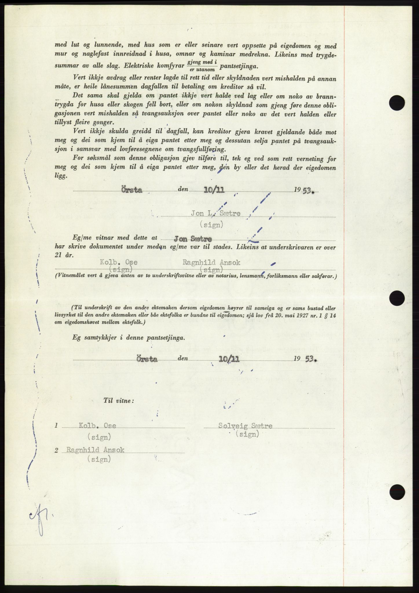Søre Sunnmøre sorenskriveri, AV/SAT-A-4122/1/2/2C/L0124: Pantebok nr. 12B, 1953-1954, Dagboknr: 2853/1953
