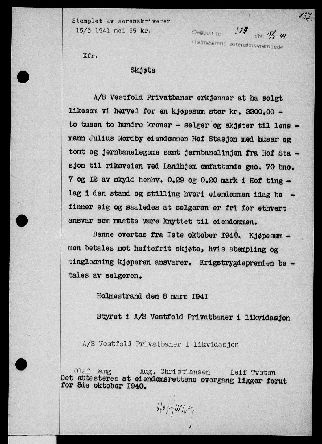 Holmestrand sorenskriveri, SAKO/A-67/G/Ga/Gaa/L0053: Pantebok nr. A-53, 1941-1941, Dagboknr: 384/1941