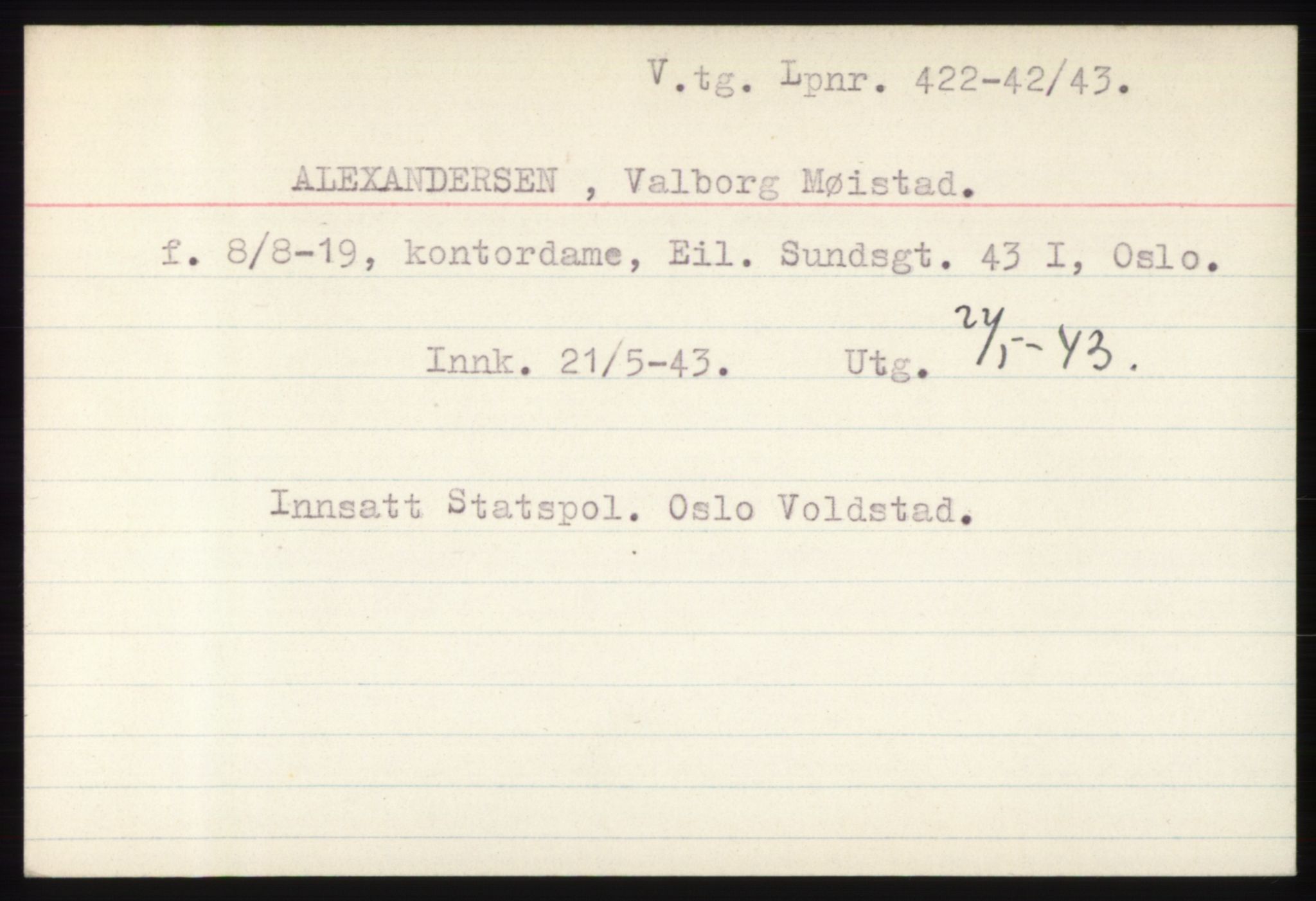 Statspolitiet - Hovedkontoret / Osloavdelingen, AV/RA-S-1329/C/Ck/Cke/L0002: Fangeregister; etternavn A - F, 1941-1945, s. 9