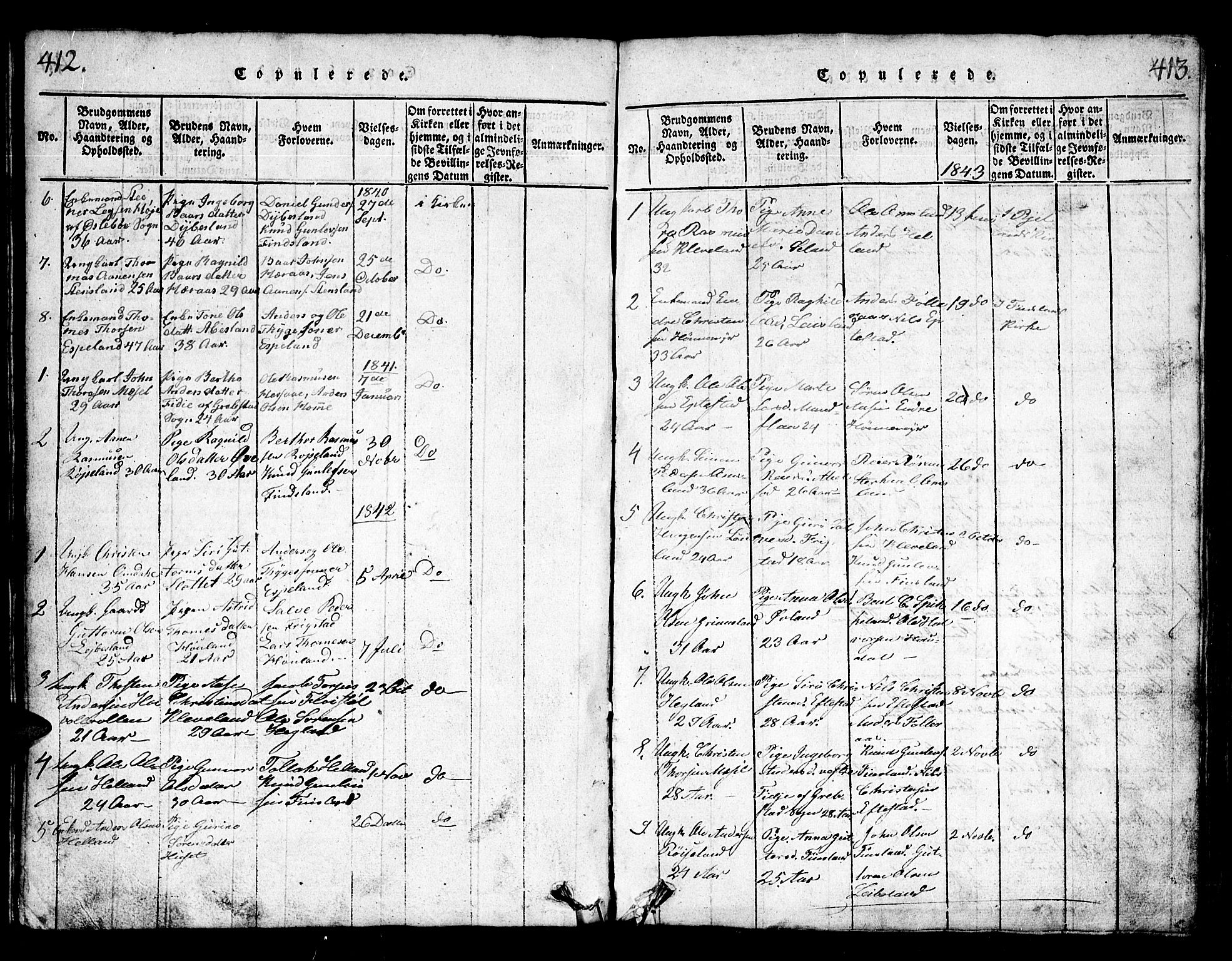 Bjelland sokneprestkontor, AV/SAK-1111-0005/F/Fb/Fbb/L0003: Klokkerbok nr. B 3, 1816-1868, s. 412-413