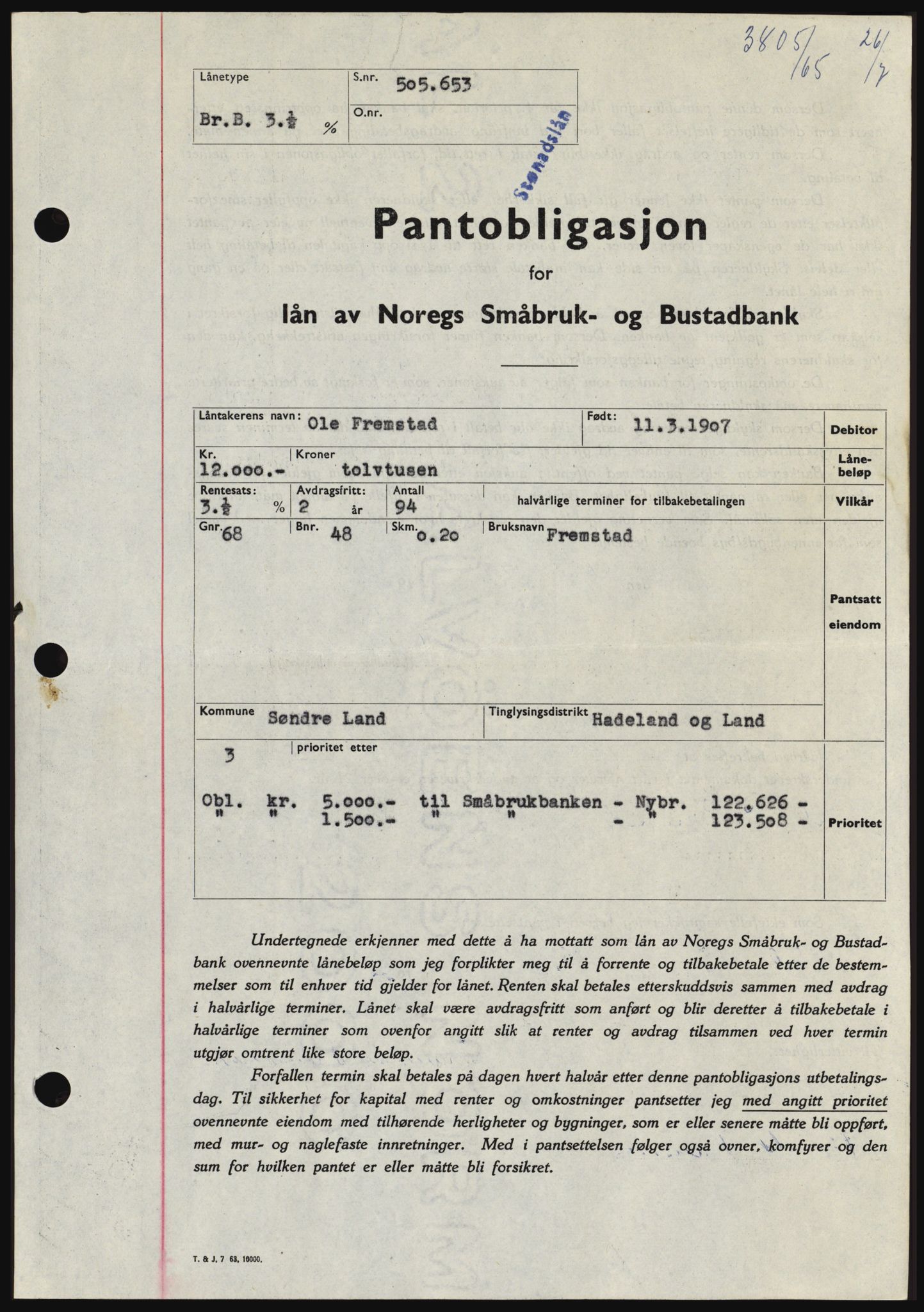 Hadeland og Land tingrett, SAH/TING-010/H/Hb/Hbc/L0059: Pantebok nr. B59, 1965-1965, Dagboknr: 3805/1965