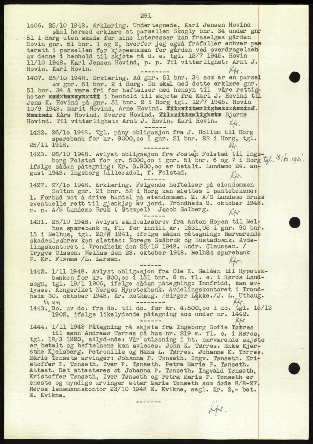 Gauldal sorenskriveri, SAT/A-0014/1/2/2C: Pantebok nr. A6, 1948-1948, Dagboknr: 1406/1948