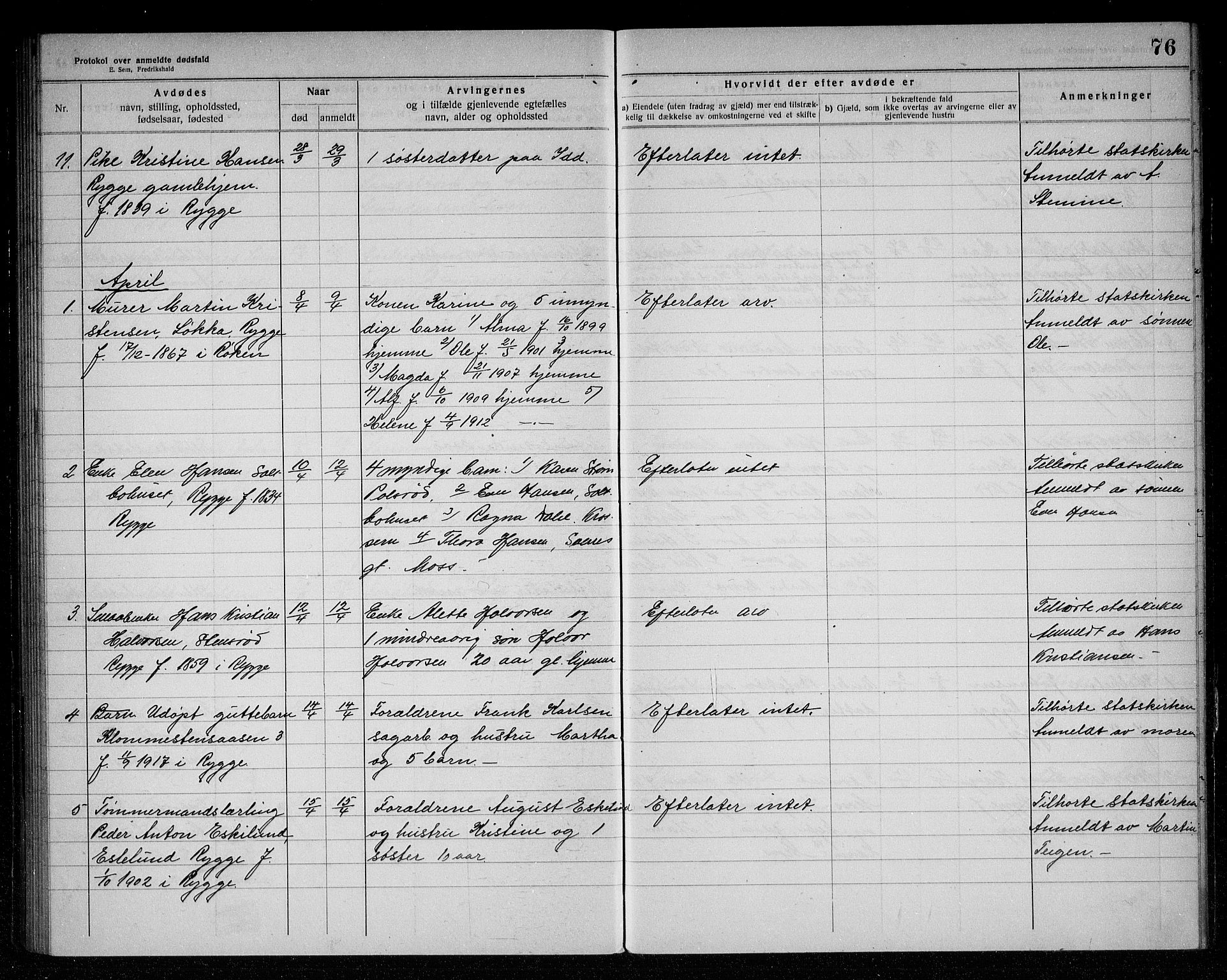 Rygge lensmannskontor, AV/SAO-A-10005/H/Ha/Haa/L0006: Dødsfallsprotokoll, 1916-1920, s. 76