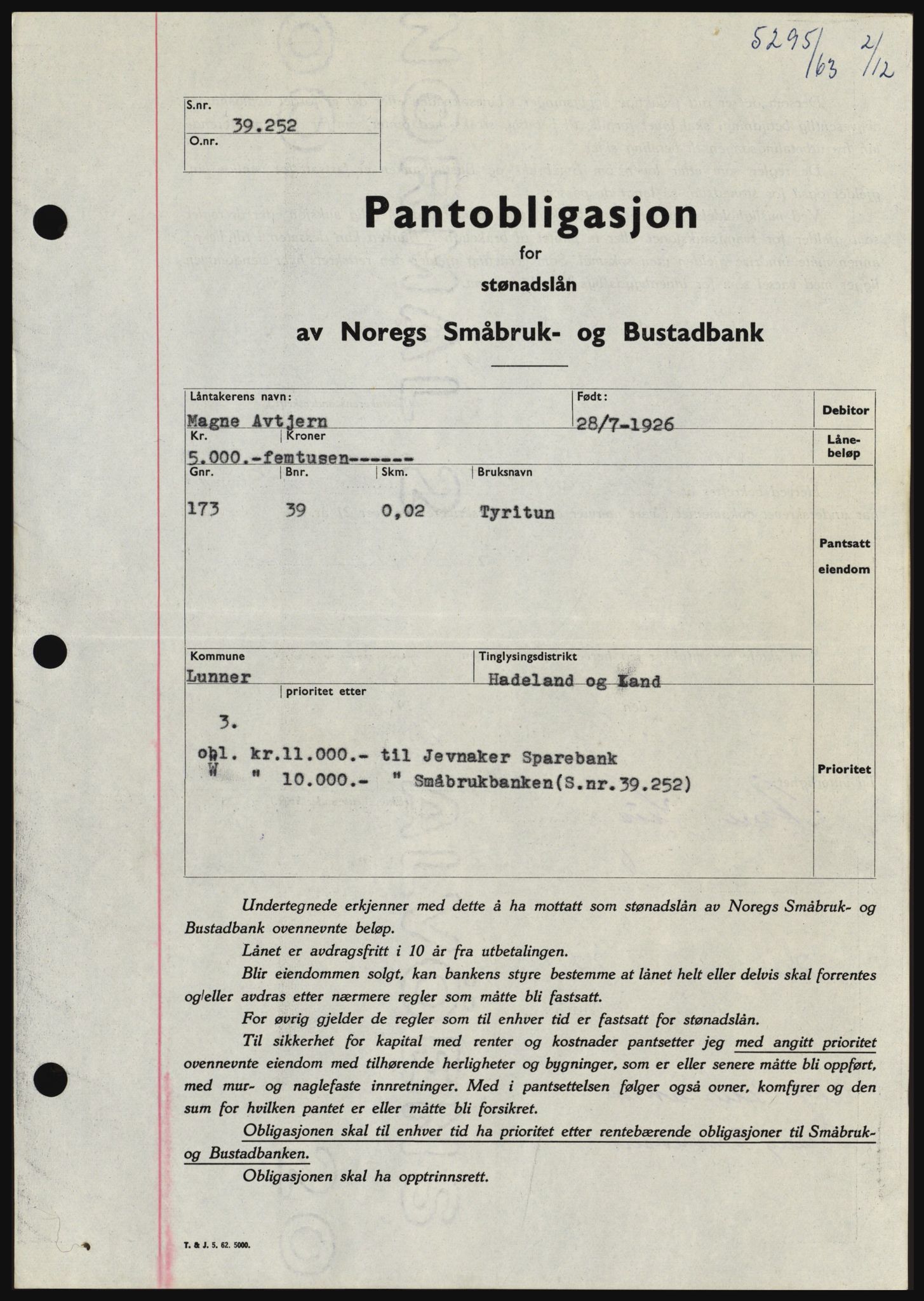 Hadeland og Land tingrett, SAH/TING-010/H/Hb/Hbc/L0053: Pantebok nr. B53, 1963-1964, Dagboknr: 5295/1963