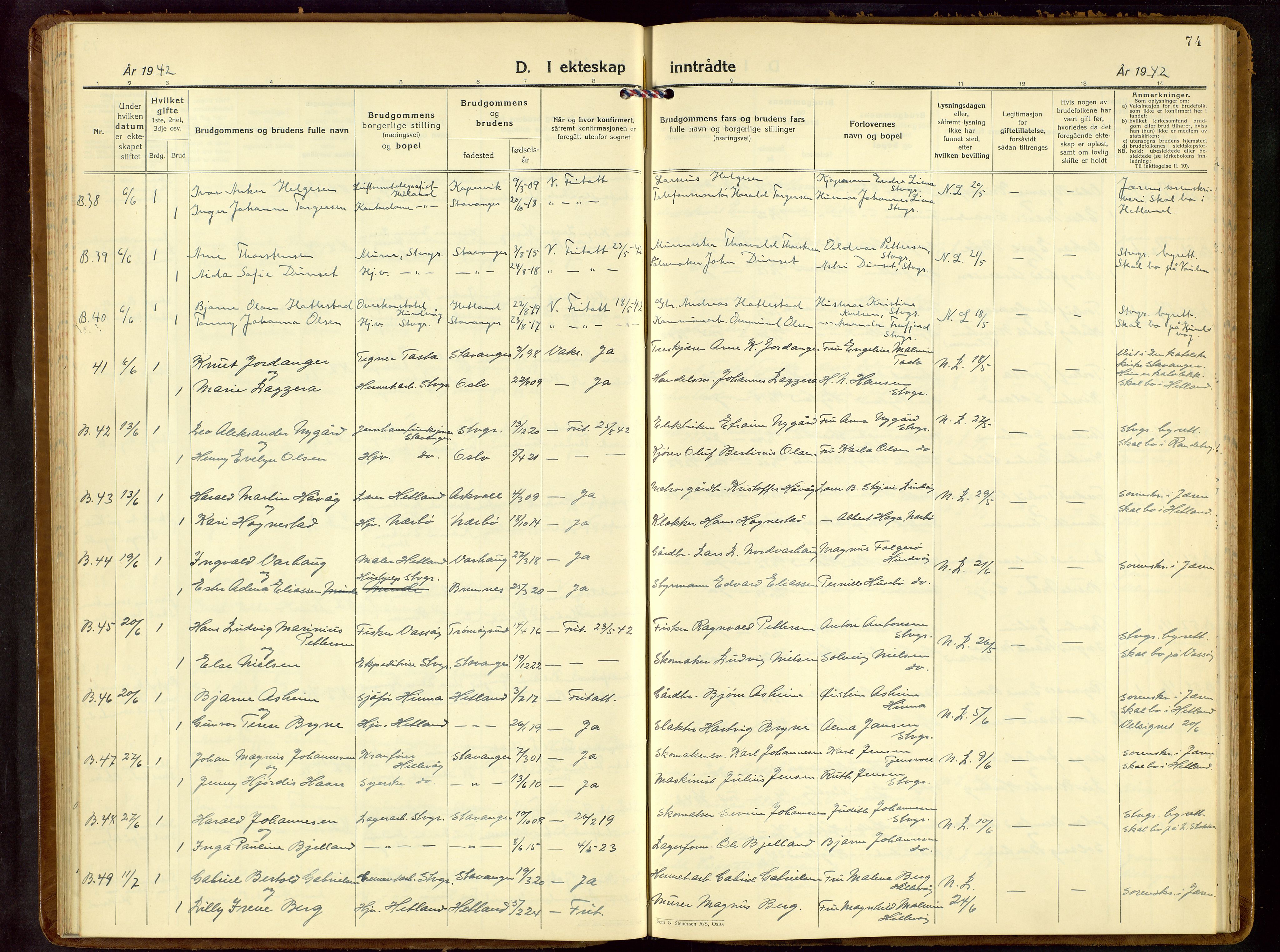 Hetland sokneprestkontor, AV/SAST-A-101826/30/30BB/L0013: Klokkerbok nr. B 13, 1931-1952, s. 74