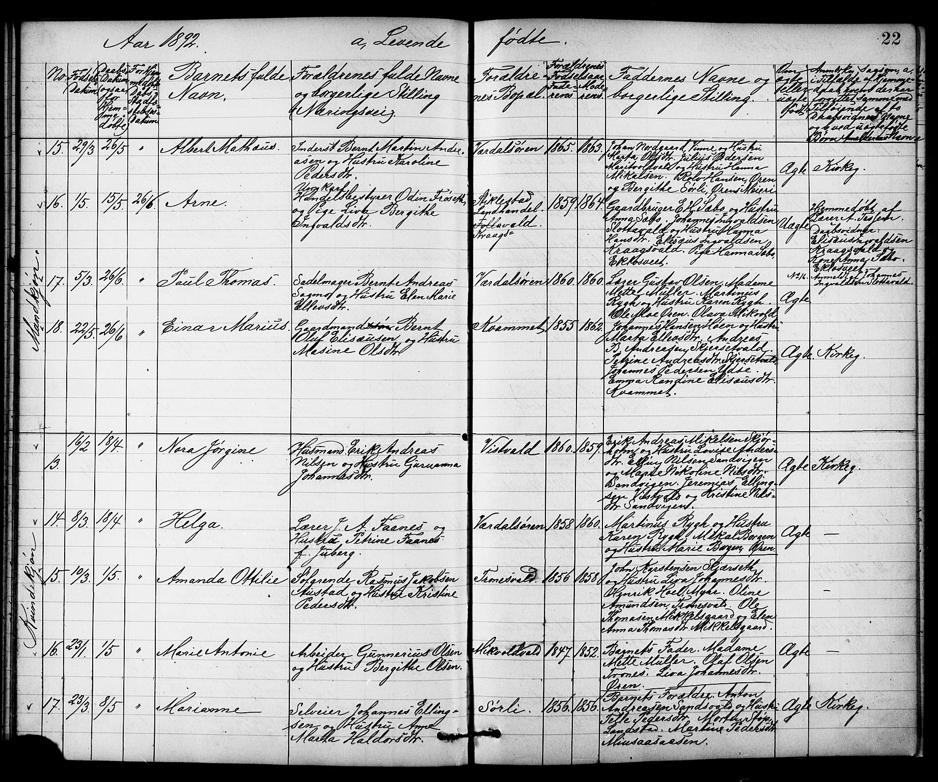 Ministerialprotokoller, klokkerbøker og fødselsregistre - Nord-Trøndelag, AV/SAT-A-1458/723/L0257: Klokkerbok nr. 723C05, 1890-1907, s. 22