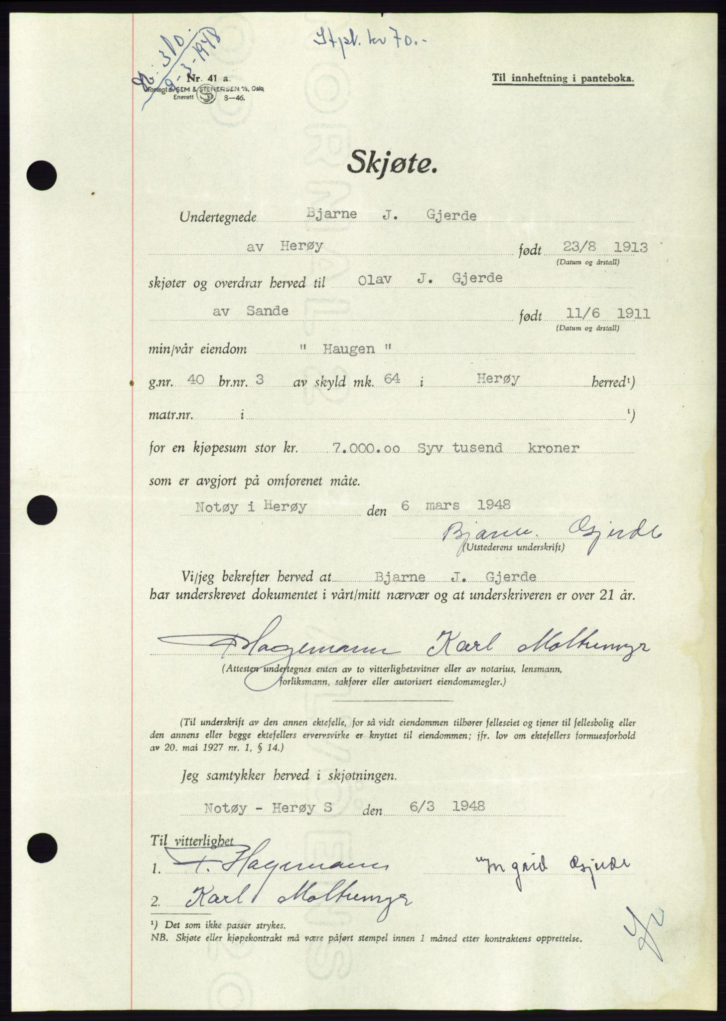 Søre Sunnmøre sorenskriveri, AV/SAT-A-4122/1/2/2C/L0082: Pantebok nr. 8A, 1948-1948, Dagboknr: 310/1948