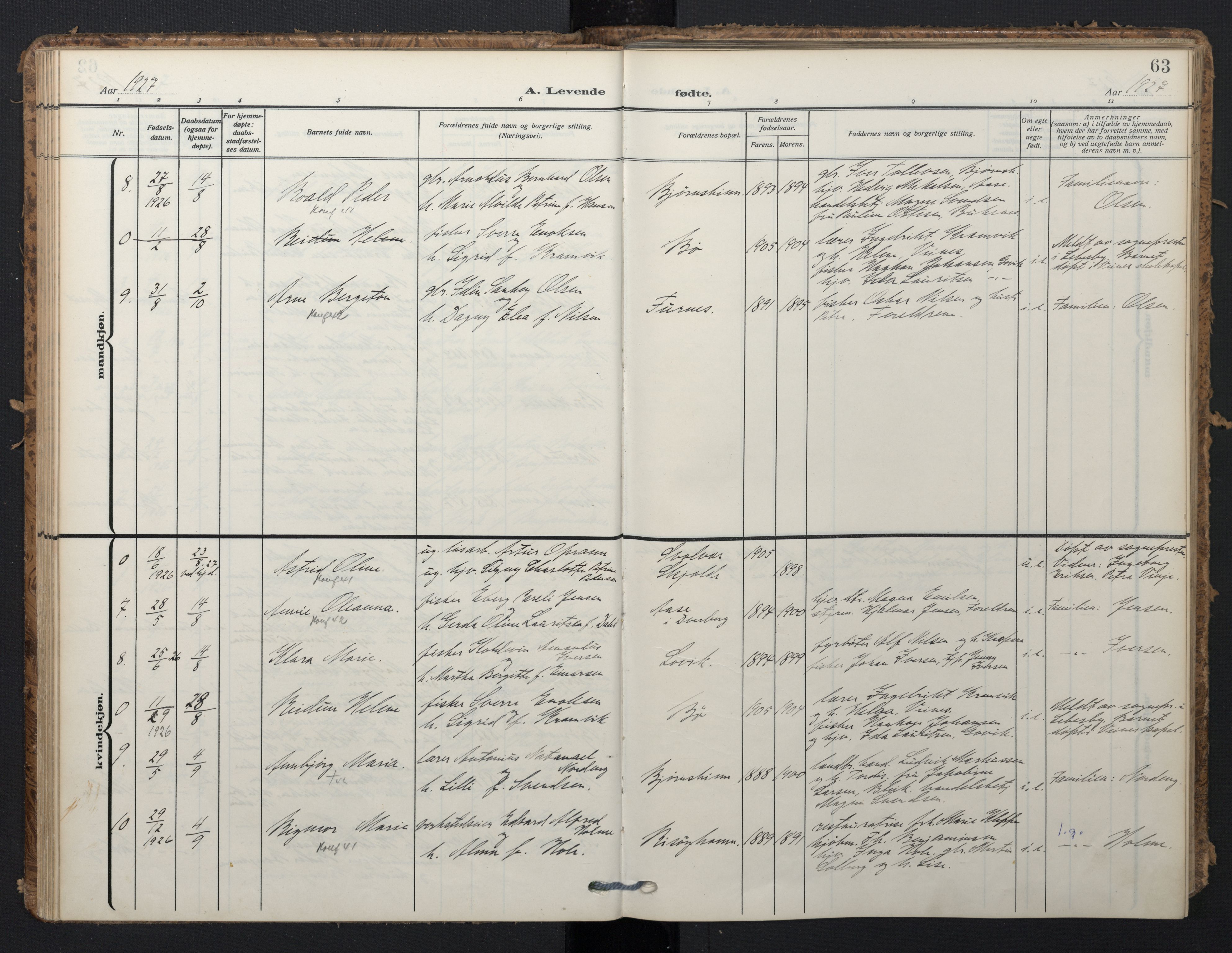 Ministerialprotokoller, klokkerbøker og fødselsregistre - Nordland, AV/SAT-A-1459/898/L1423: Ministerialbok nr. 898A03, 1909-1928, s. 63