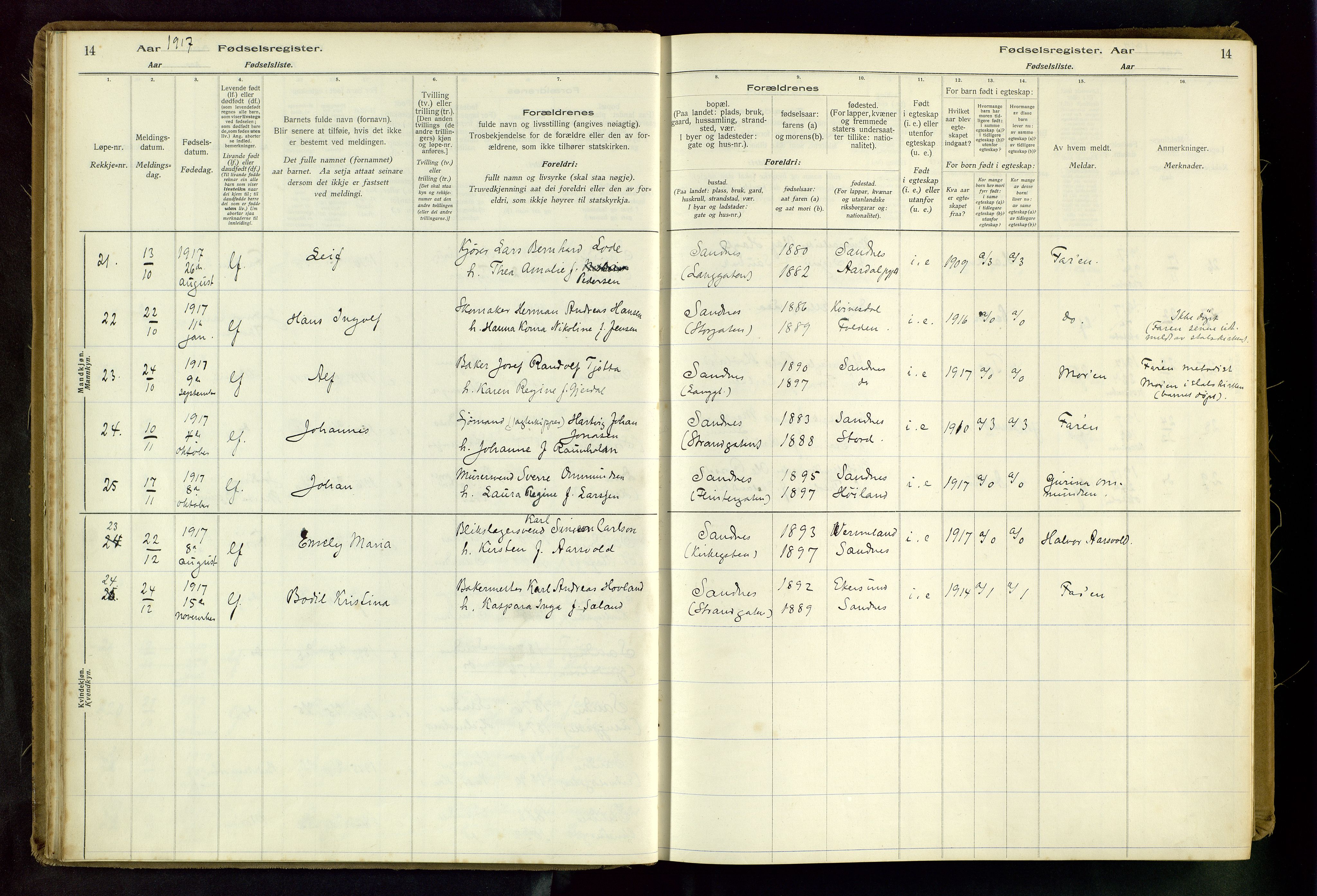 Sandnes sokneprestkontor, AV/SAST-A-101800/704BA/L0001: Fødselsregister nr. 1, 1916-1942, s. 14