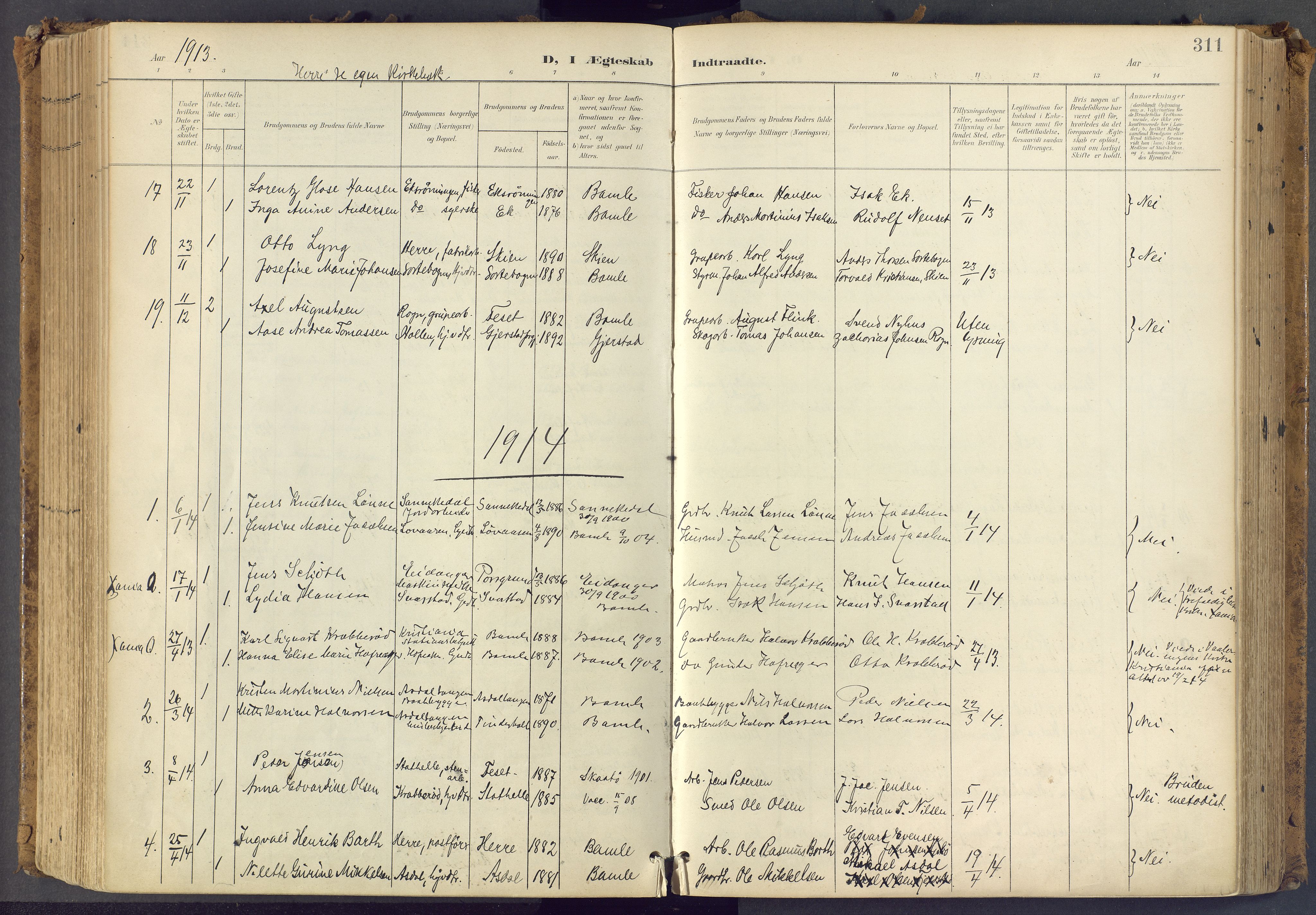 Bamble kirkebøker, AV/SAKO-A-253/F/Fa/L0009: Ministerialbok nr. I 9, 1901-1917, s. 311
