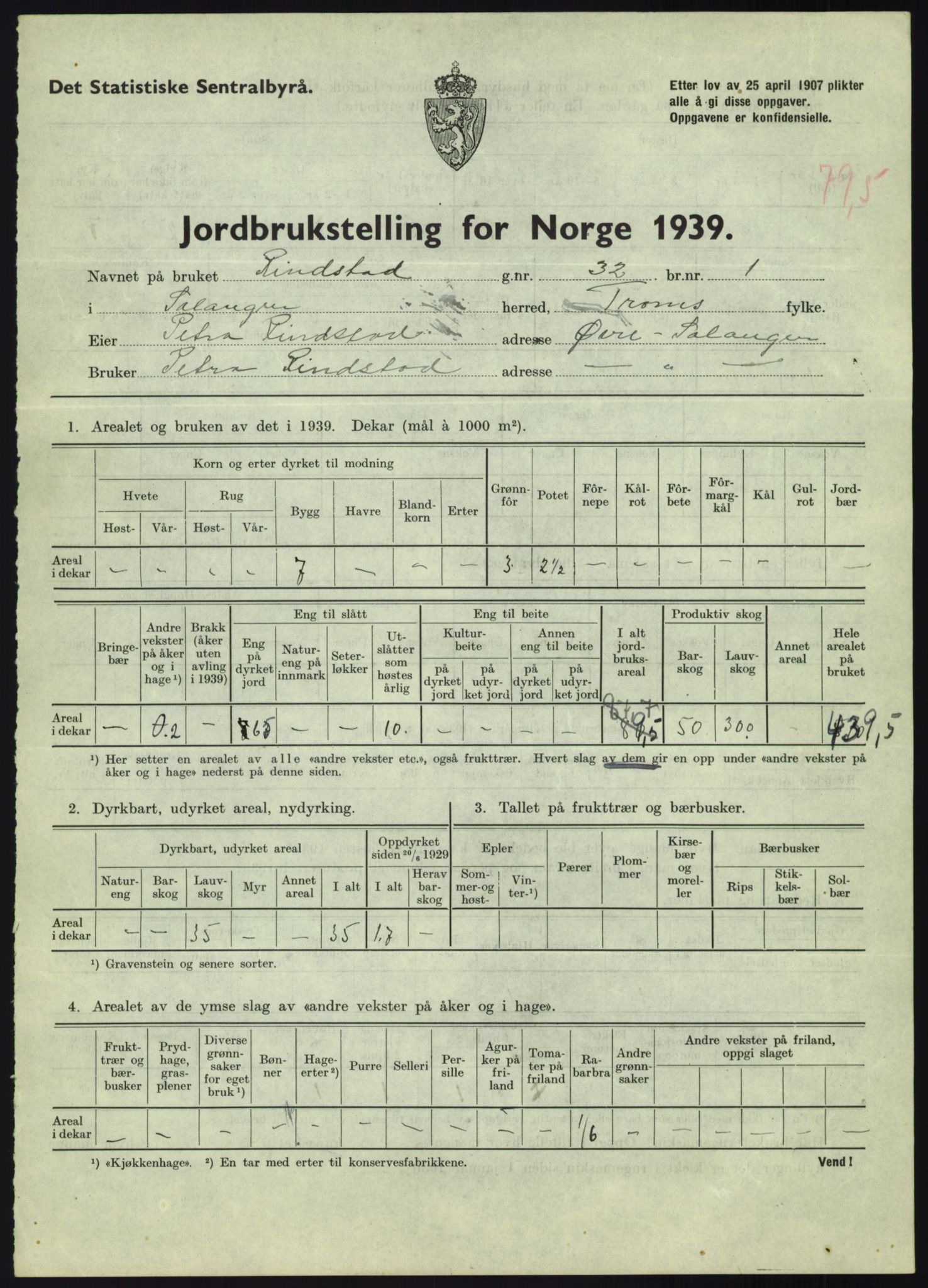 Statistisk sentralbyrå, Næringsøkonomiske emner, Jordbruk, skogbruk, jakt, fiske og fangst, AV/RA-S-2234/G/Gb/L0340: Troms: Salangen og Dyrøy, 1939, s. 712