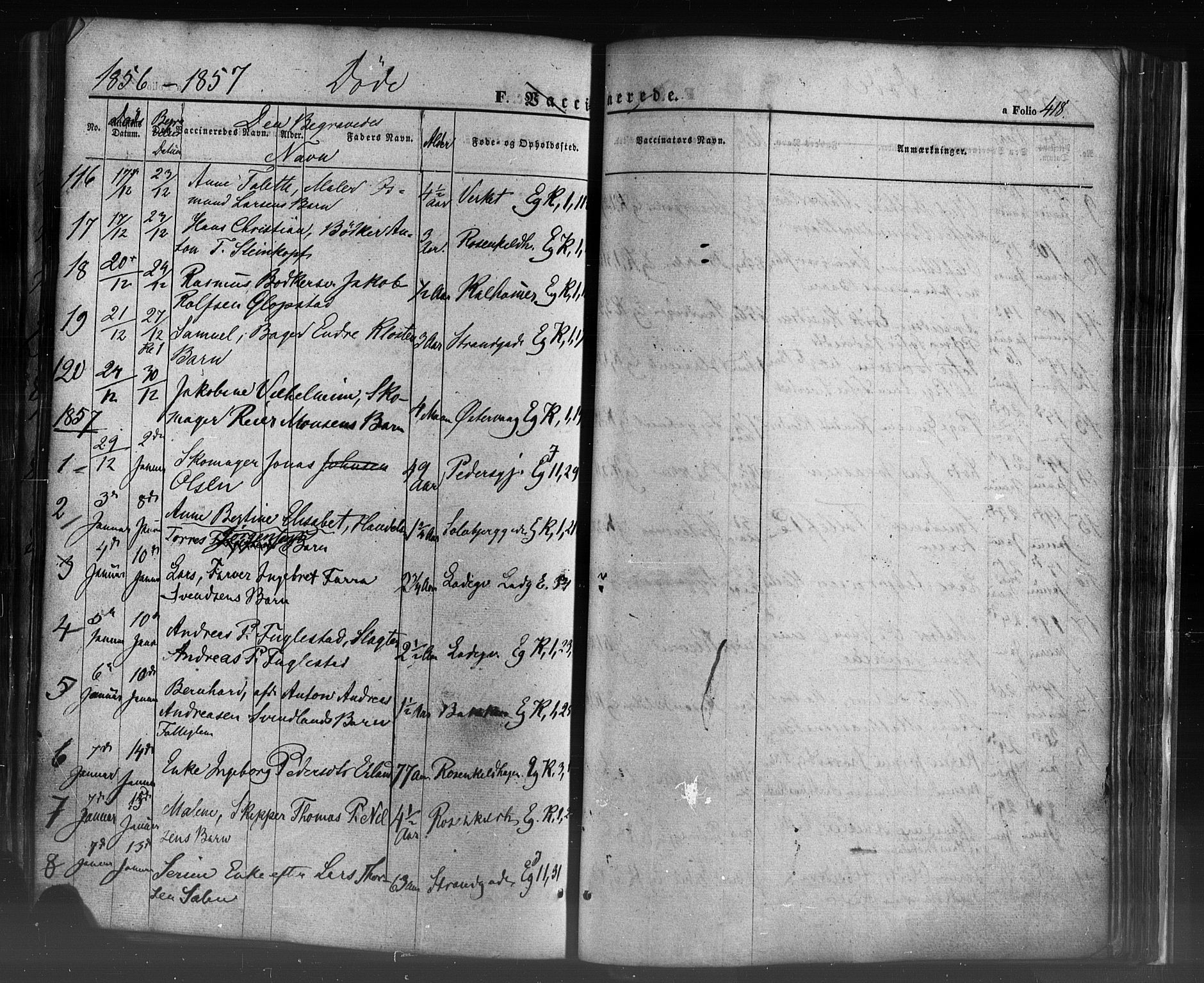 Domkirken sokneprestkontor, AV/SAST-A-101812/001/30/30BB/L0009: Klokkerbok nr. B 9, 1850-1858, s. 418