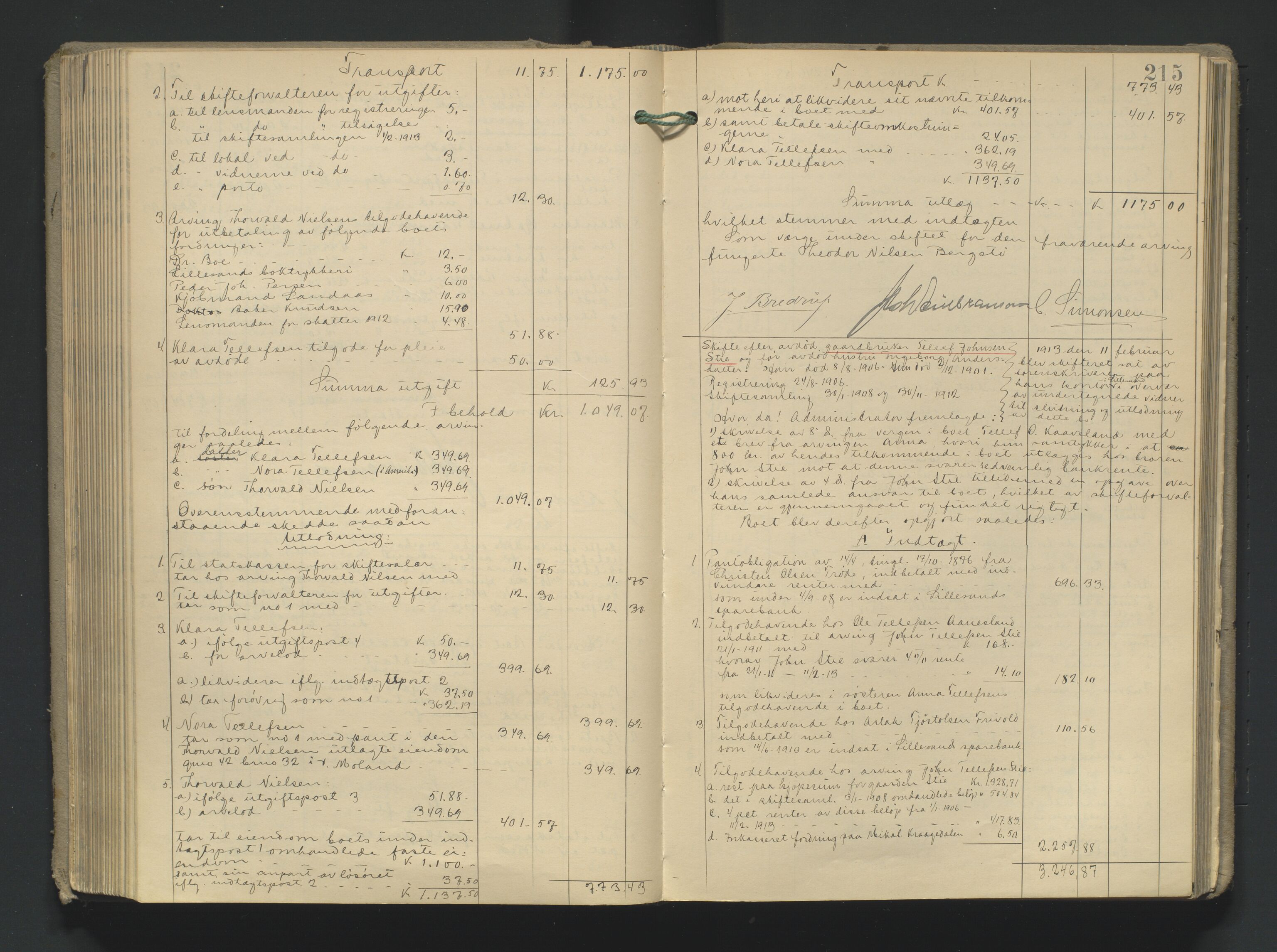 Vestre Nedenes/Sand sorenskriveri, AV/SAK-1221-0010/H/Hc/L0021: Skifteutlodningsprotokoll nr. 8, 1907-1919, s. 215