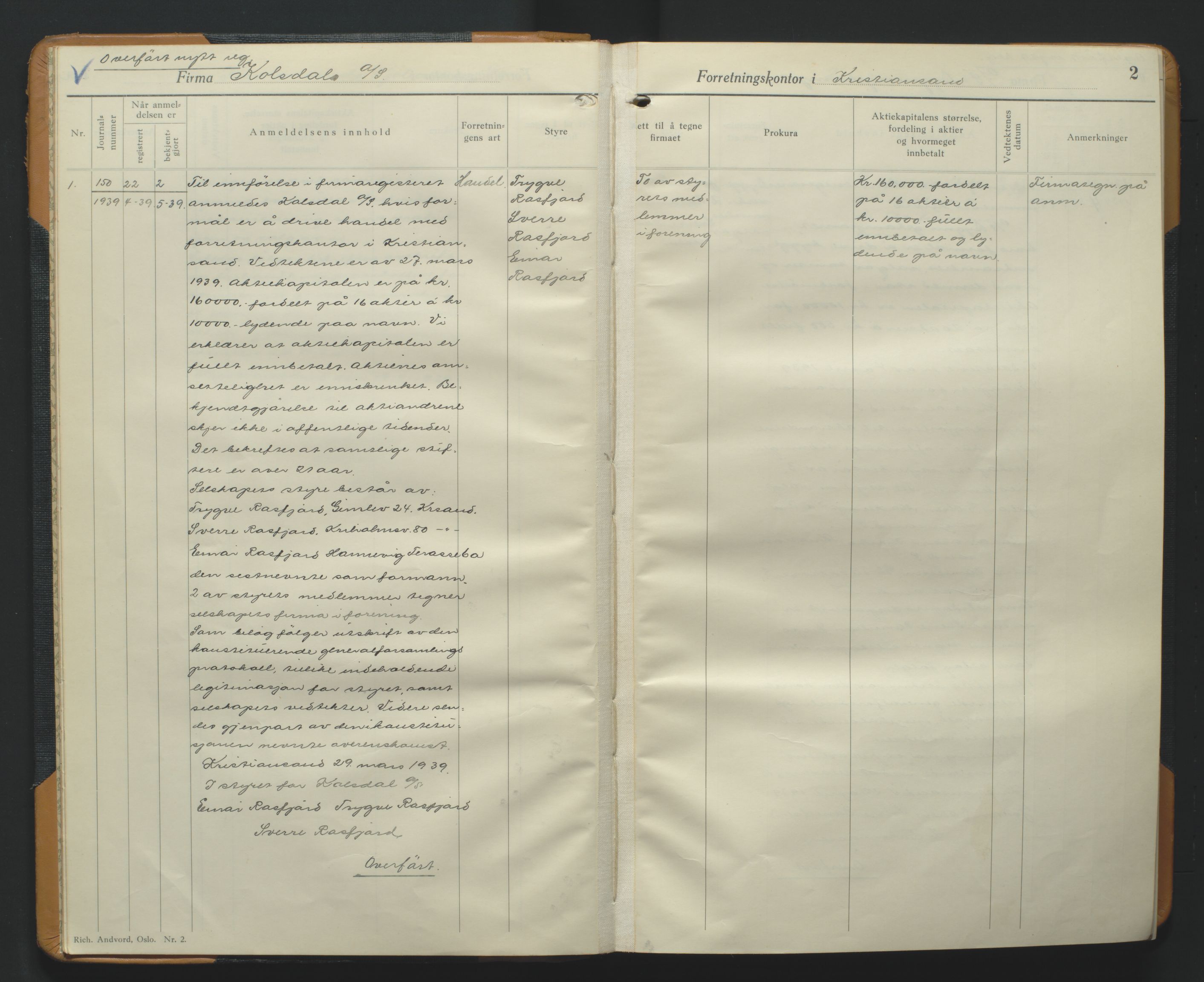 Kristiansand byrett, AV/SAK-1223-0001/K/Kb/L0013: Handelsregister B VI, 1939-1943, s. 2