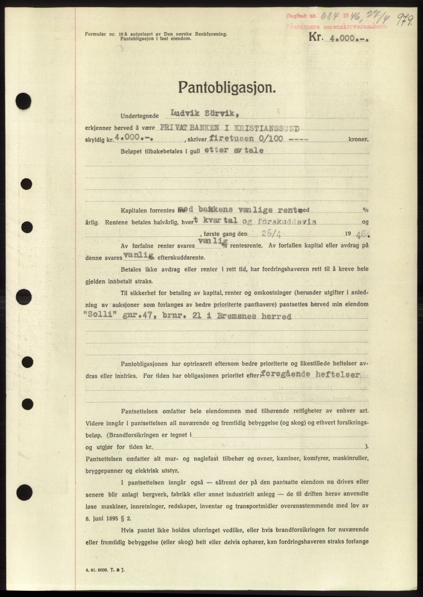 Nordmøre sorenskriveri, SAT/A-4132/1/2/2Ca: Pantebok nr. B93b, 1946-1946, Dagboknr: 684/1946