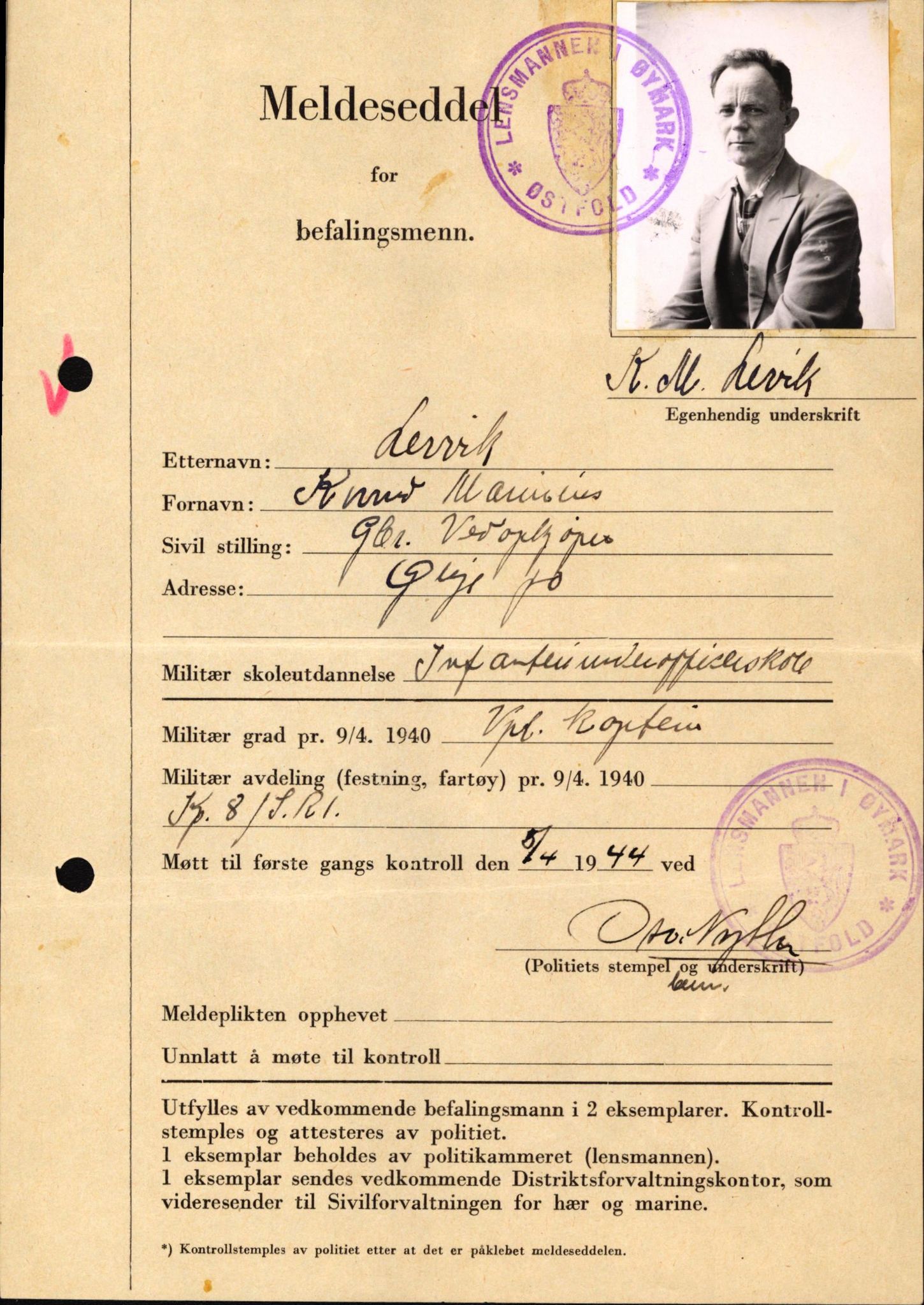 Forsvaret, Forsvarets krigshistoriske avdeling, AV/RA-RAFA-2017/Y/Yf/L0209: II-C-11-2121  -  Okkupasjonstiden.  Meldesedler for befal med foto og oppl. om militær grad 9. apr. 1940., 1944-1945, s. 68
