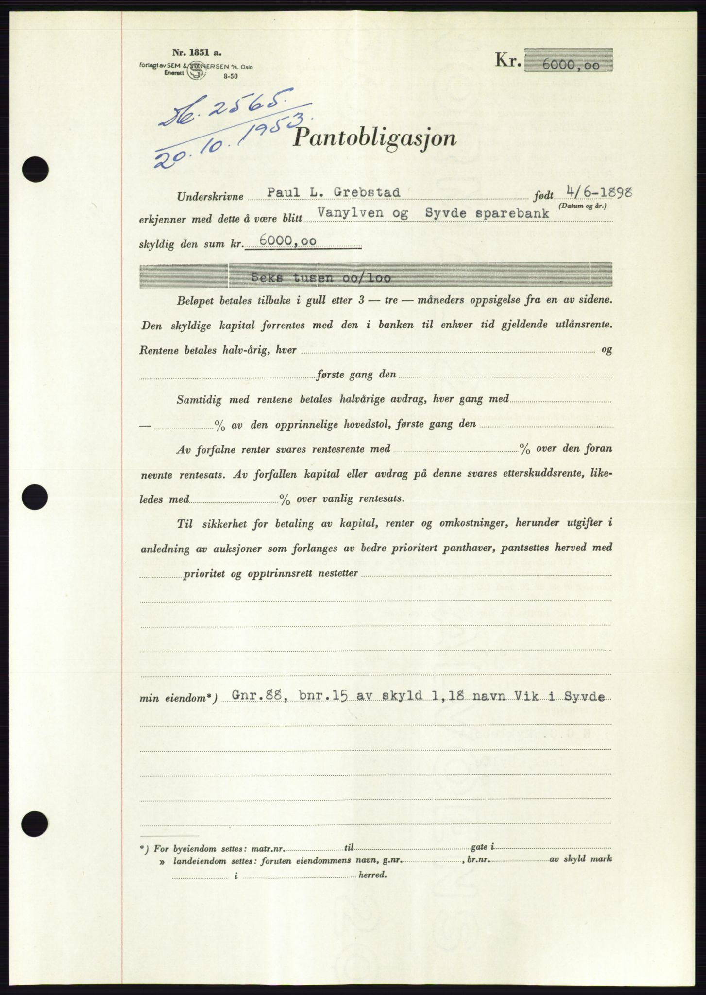 Søre Sunnmøre sorenskriveri, AV/SAT-A-4122/1/2/2C/L0124: Pantebok nr. 12B, 1953-1954, Dagboknr: 2565/1953