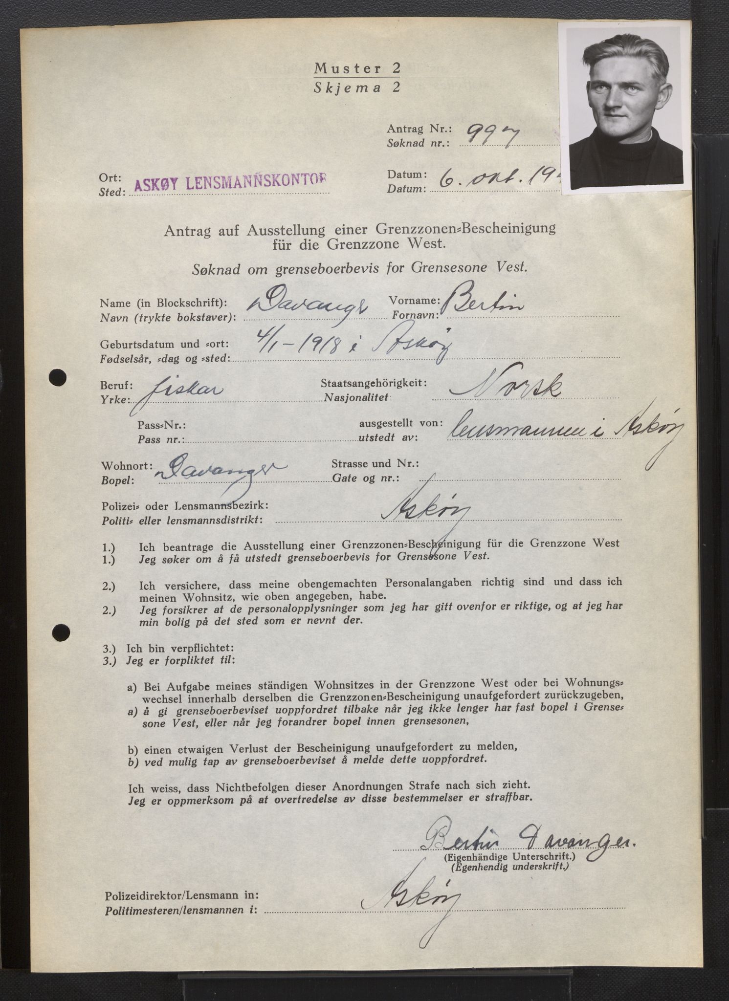 Lensmannen i Askøy, AV/SAB-A-31001/0026/L0005: Søknader om grensebuarbevis 851 - 1275, 1940, s. 292