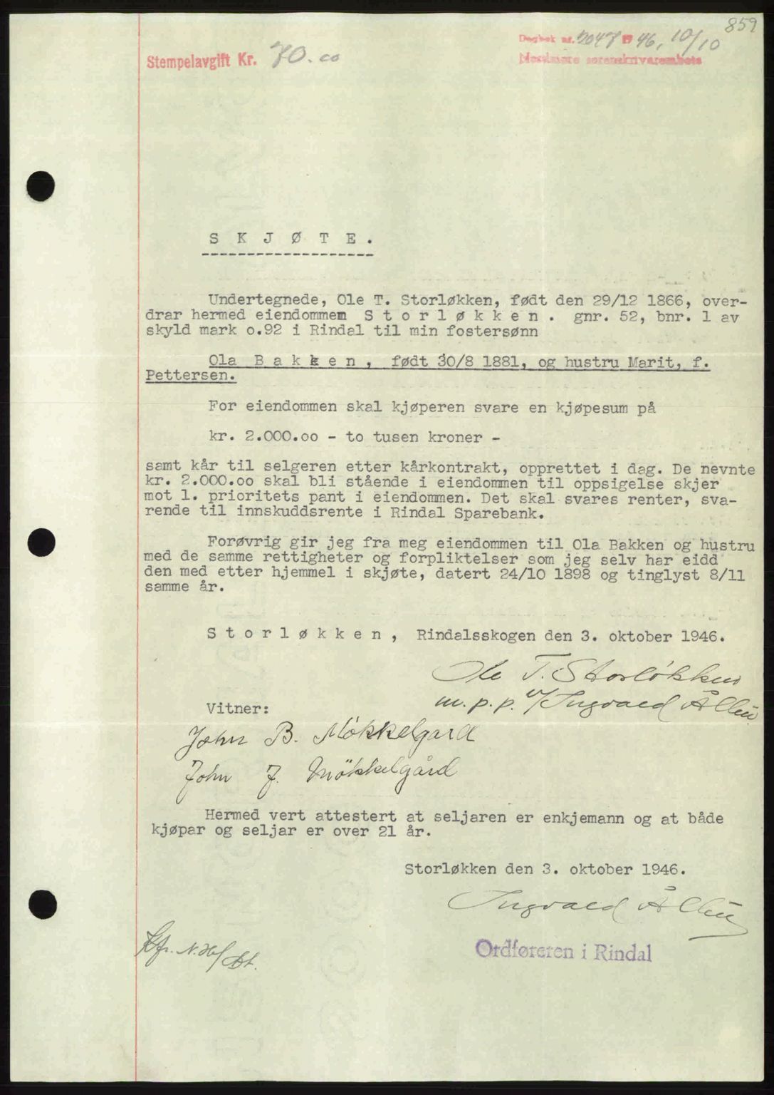 Nordmøre sorenskriveri, SAT/A-4132/1/2/2Ca: Pantebok nr. A102, 1946-1946, Dagboknr: 2047/1946