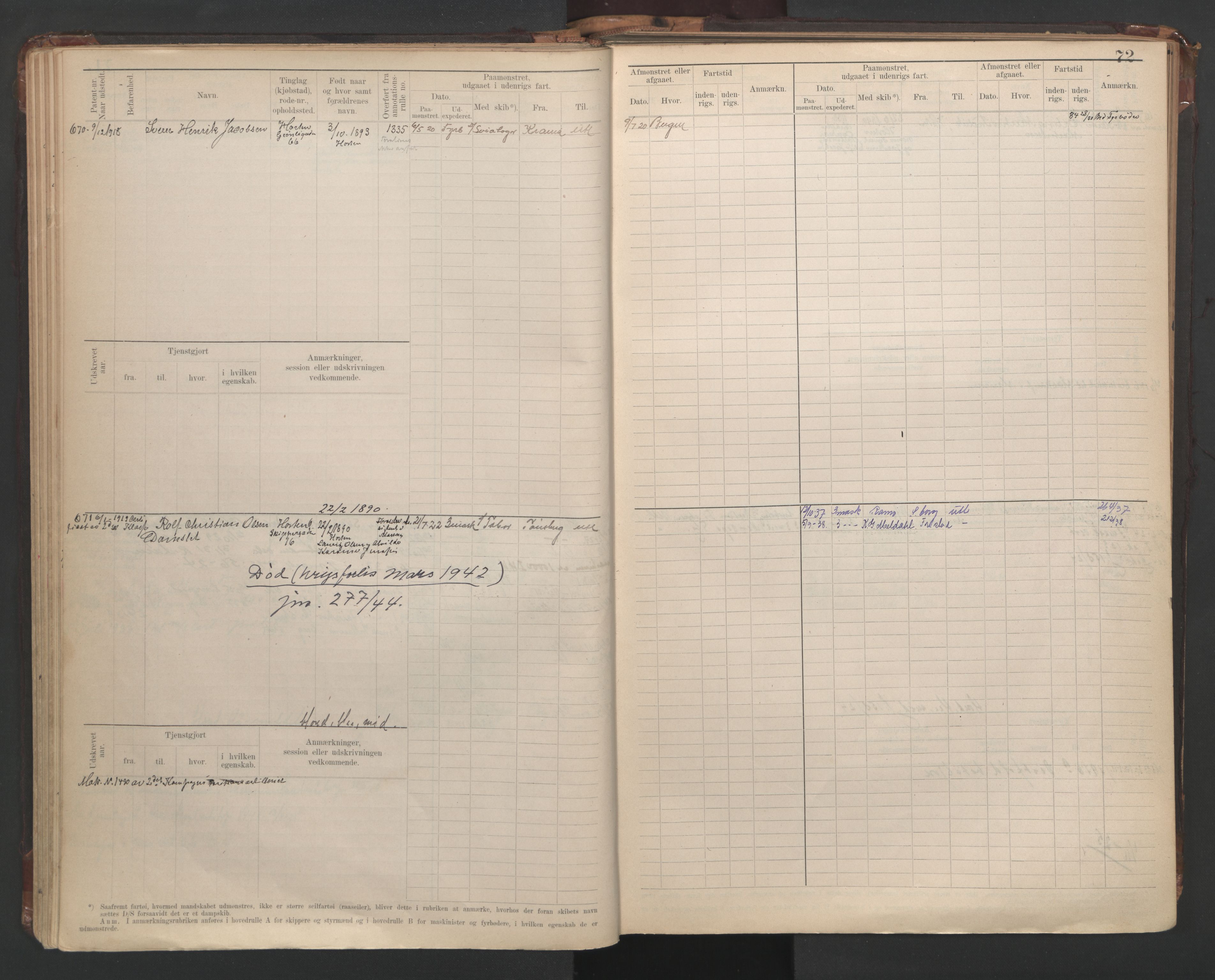 Horten innrulleringskontor, AV/SAKO-A-785/F/Fe/L0008: Maskinist, fyrbøterrulle, 1911-1948, s. 72