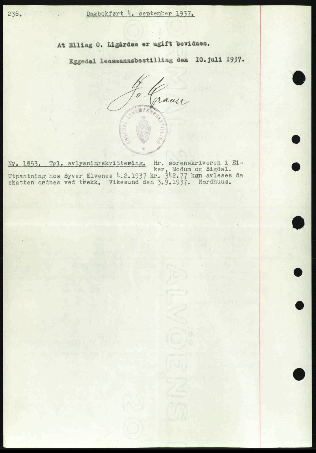 Eiker, Modum og Sigdal sorenskriveri, SAKO/A-123/G/Ga/Gab/L0036: Pantebok nr. A6, 1937-1937, Dagboknr: 1853/1937