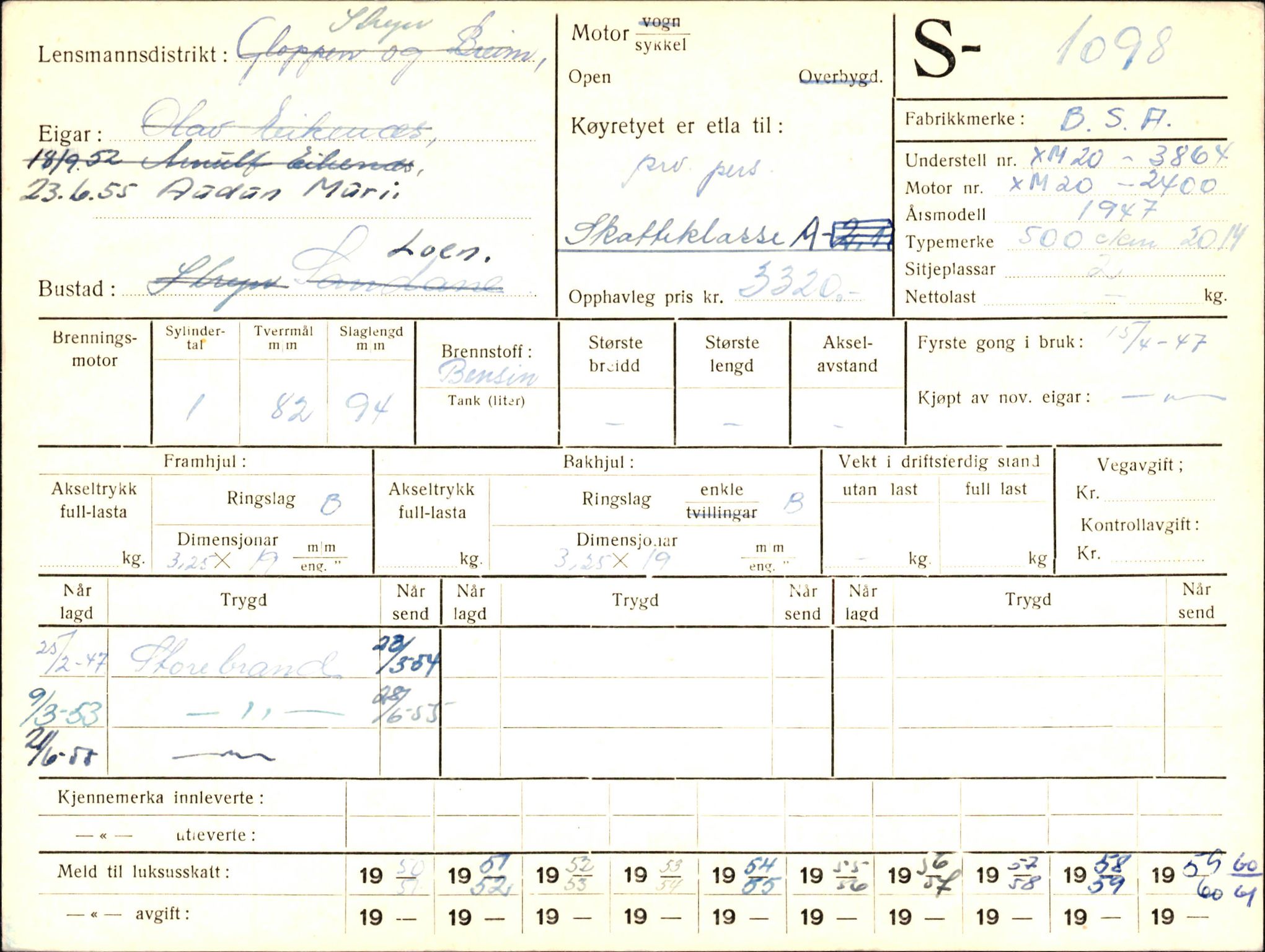 Statens vegvesen, Sogn og Fjordane vegkontor, AV/SAB-A-5301/4/F/L0003: Registerkort utmeldte Fjordane S1000-2499, 1930-1961, s. 152