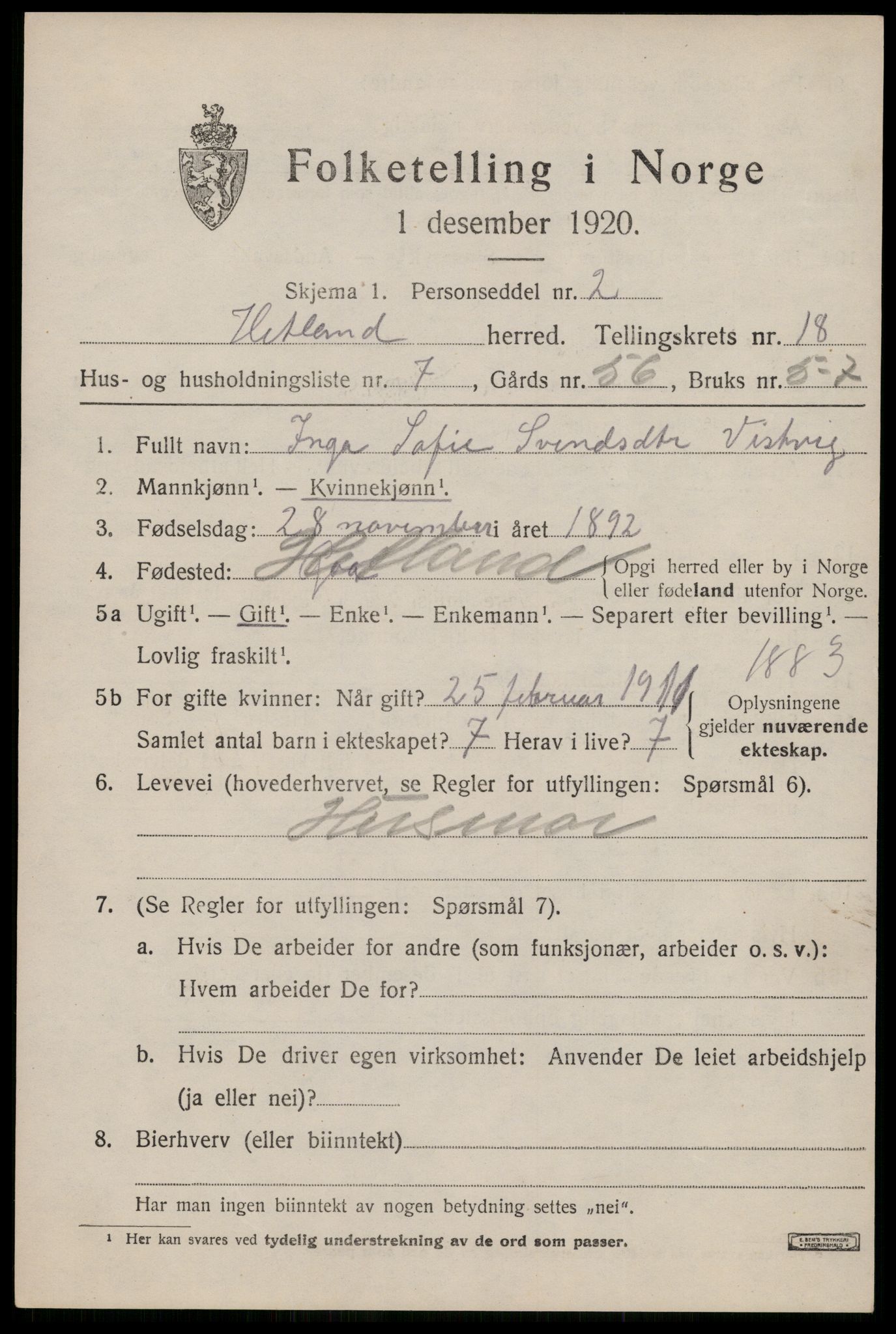 SAST, Folketelling 1920 for 1126 Hetland herred, 1920, s. 25143