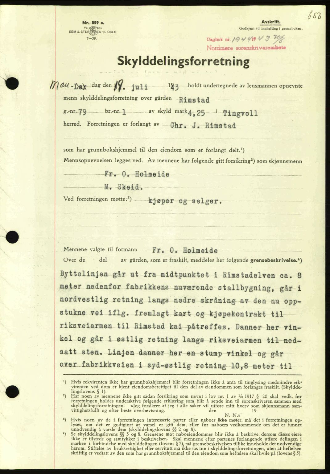 Nordmøre sorenskriveri, AV/SAT-A-4132/1/2/2Ca: Pantebok nr. A95, 1943-1943, Dagboknr: 1944/1943