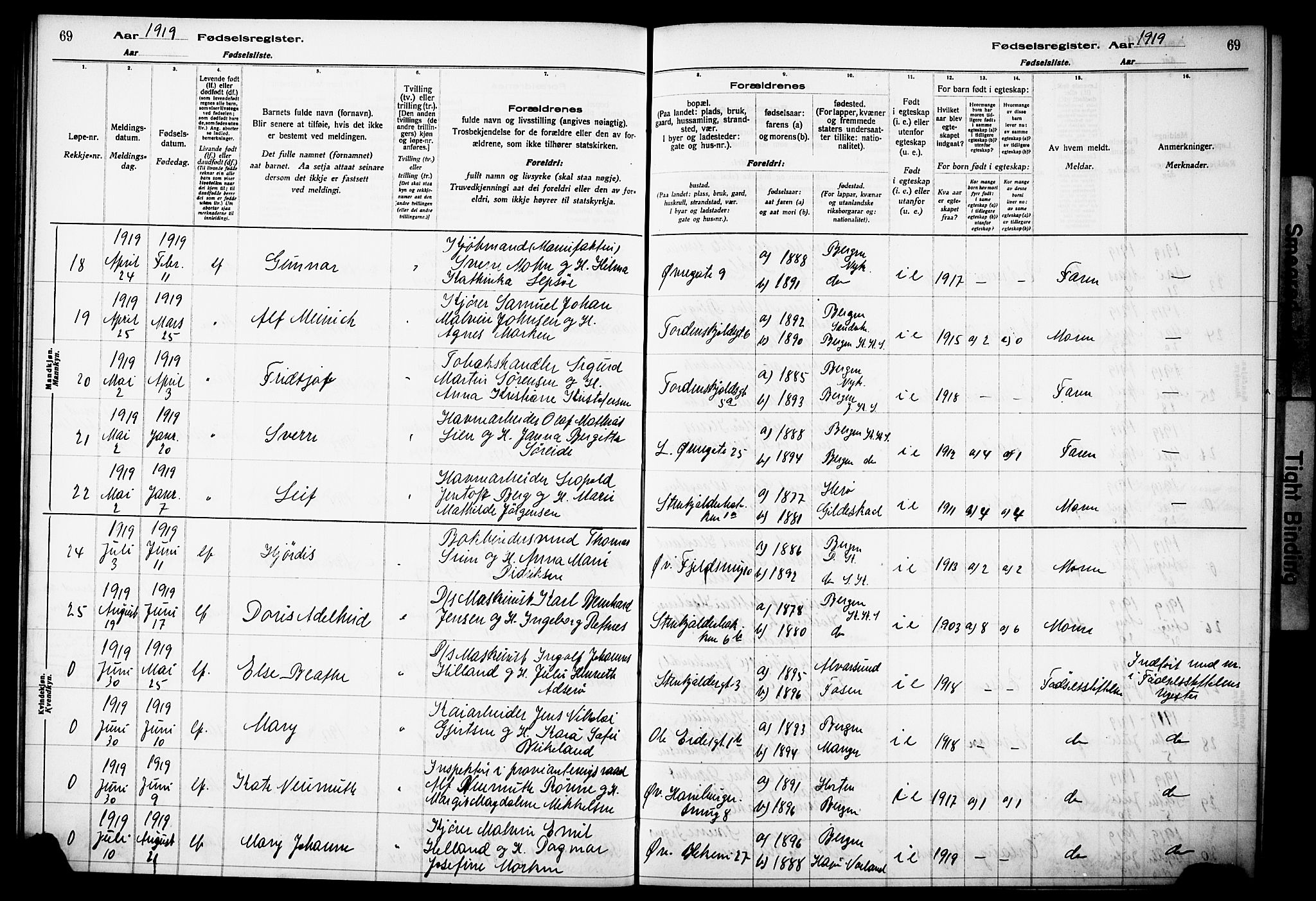 Korskirken sokneprestembete, SAB/A-76101/I/Id/L00A1: Fødselsregister nr. A 1, 1916-1929, s. 69