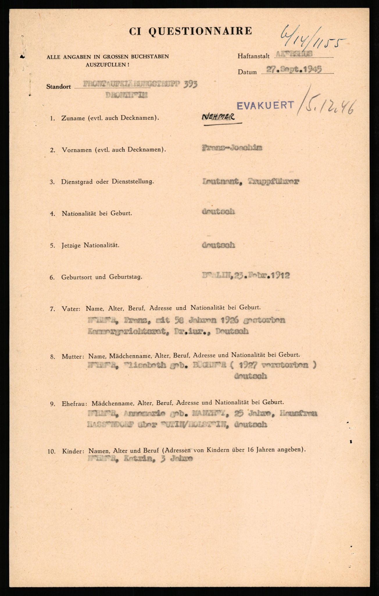 Forsvaret, Forsvarets overkommando II, AV/RA-RAFA-3915/D/Db/L0023: CI Questionaires. Tyske okkupasjonsstyrker i Norge. Tyskere., 1945-1946, s. 505