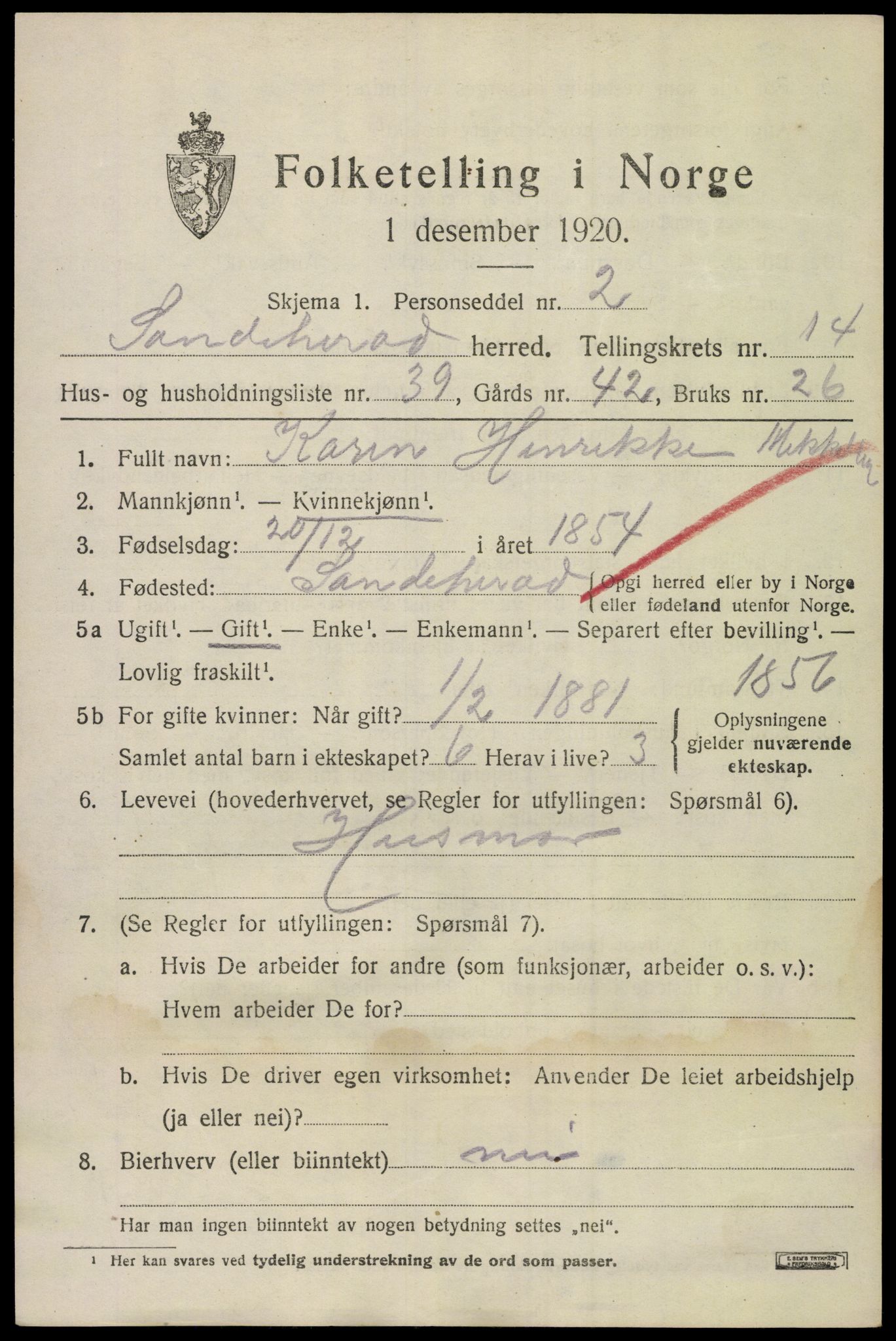 SAKO, Folketelling 1920 for 0724 Sandeherred herred, 1920, s. 20718