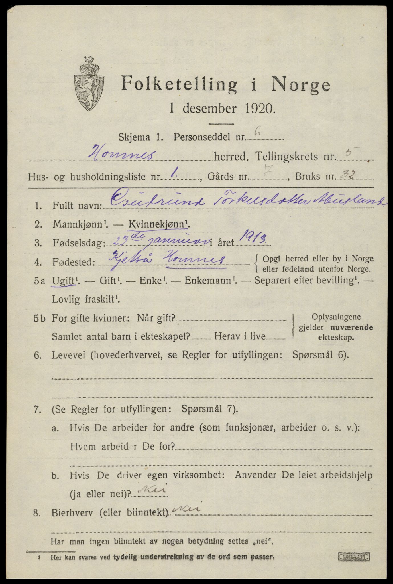 SAK, Folketelling 1920 for 0936 Hornnes herred, 1920, s. 1345