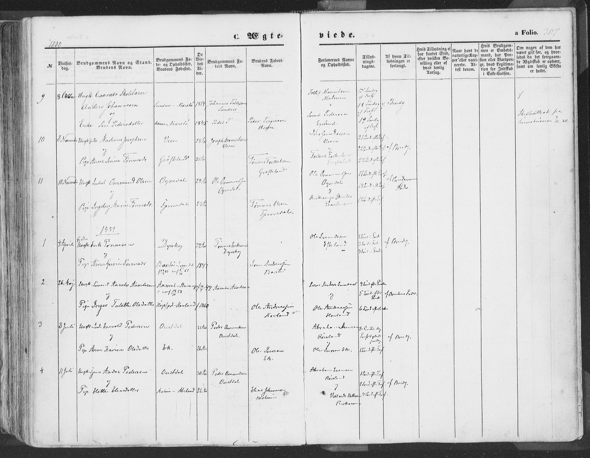 Helleland sokneprestkontor, SAST/A-101810: Ministerialbok nr. A 7.1, 1863-1886, s. 307