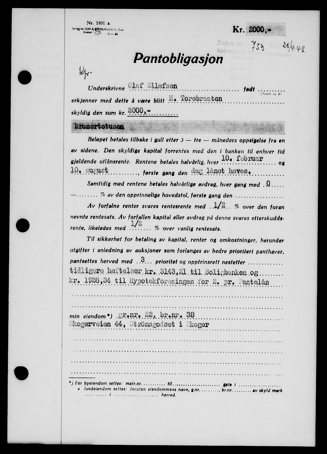 Holmestrand sorenskriveri, SAKO/A-67/G/Ga/Gab/L0058: Pantebok nr. B-58, 1947-1948, Dagboknr: 753/1948