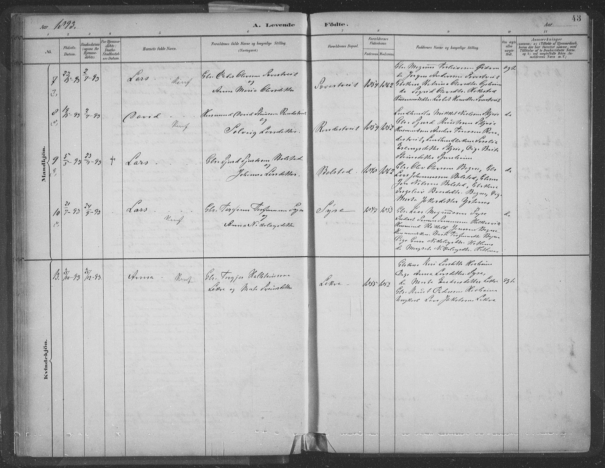 Ulvik sokneprestembete, AV/SAB-A-78801/H/Hab: Klokkerbok nr. A 3, 1883-1908, s. 43