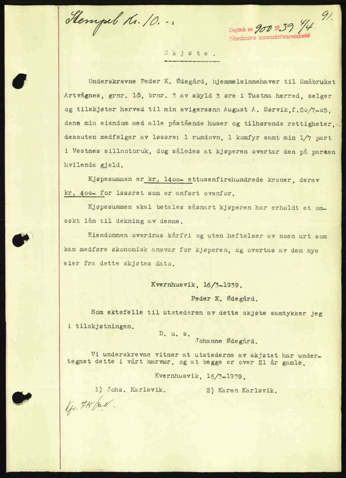 Nordmøre sorenskriveri, SAT/A-4132/1/2/2Ca: Pantebok nr. A86, 1939-1939, Dagboknr: 900/1939