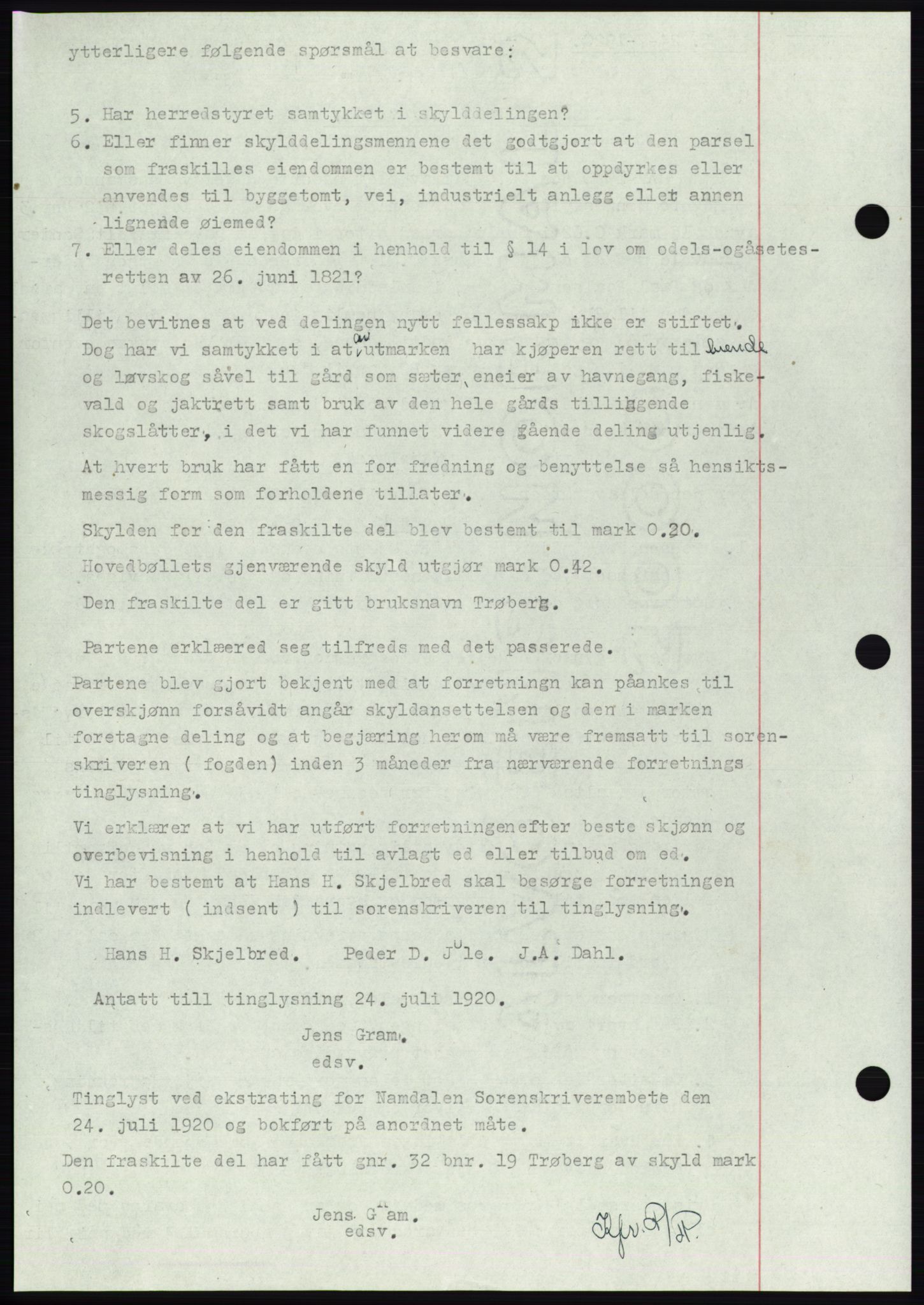 Namdal sorenskriveri, SAT/A-4133/1/2/2C: Pantebok nr. -, 1916-1921, Tingl.dato: 24.07.1920