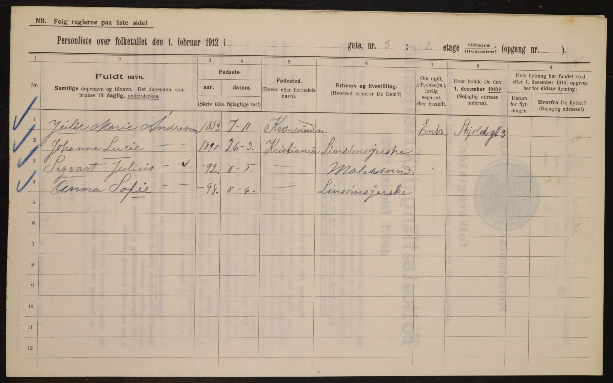 OBA, Kommunal folketelling 1.2.1912 for Kristiania, 1912, s. 96467