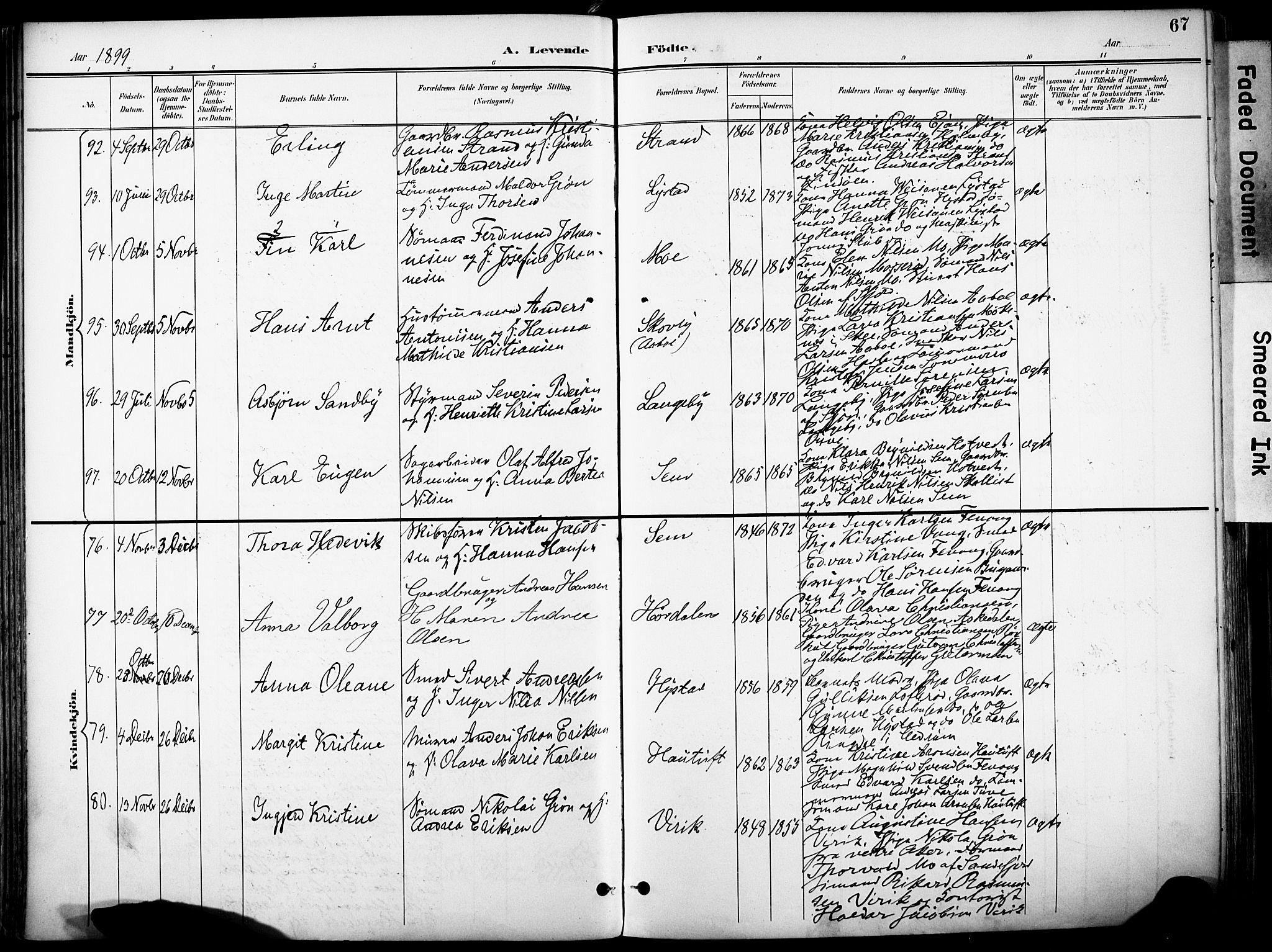 Sandar kirkebøker, AV/SAKO-A-243/F/Fa/L0014: Ministerialbok nr. 14, 1896-1909, s. 67
