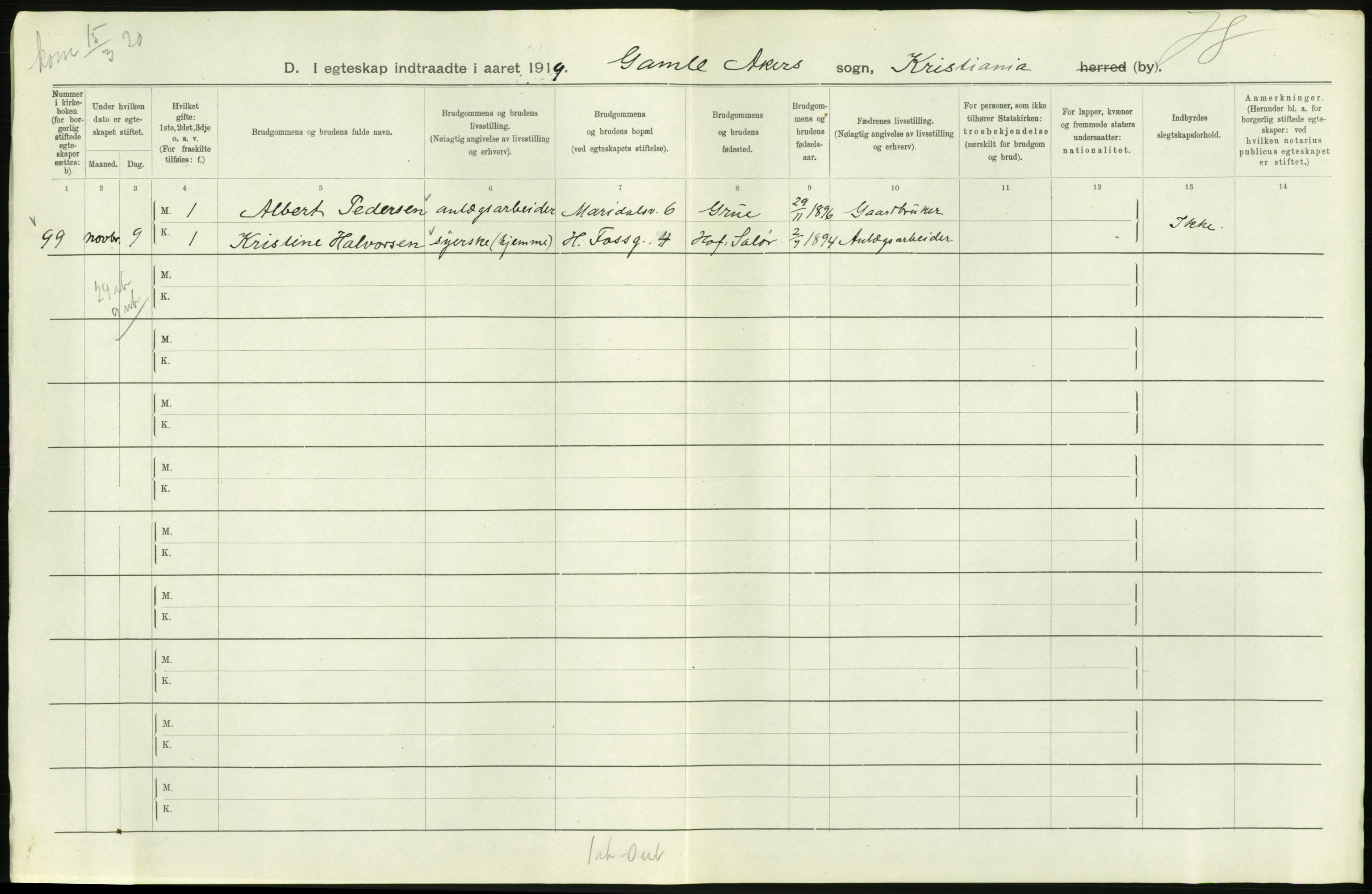 Statistisk sentralbyrå, Sosiodemografiske emner, Befolkning, RA/S-2228/D/Df/Dfb/Dfbi/L0009: Kristiania: Gifte, 1919, s. 322