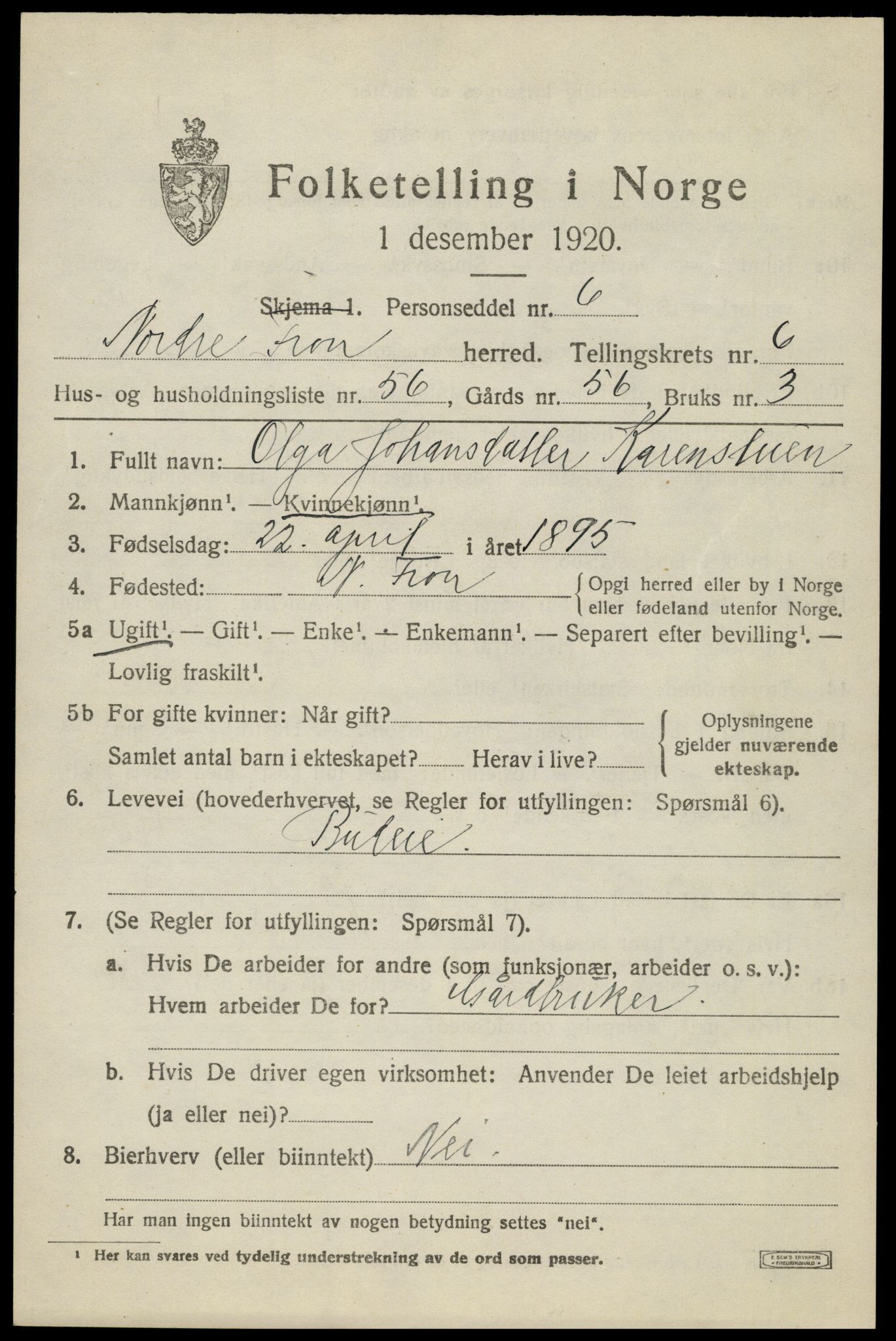 SAH, Folketelling 1920 for 0518 Nord-Fron herred, 1920, s. 5972