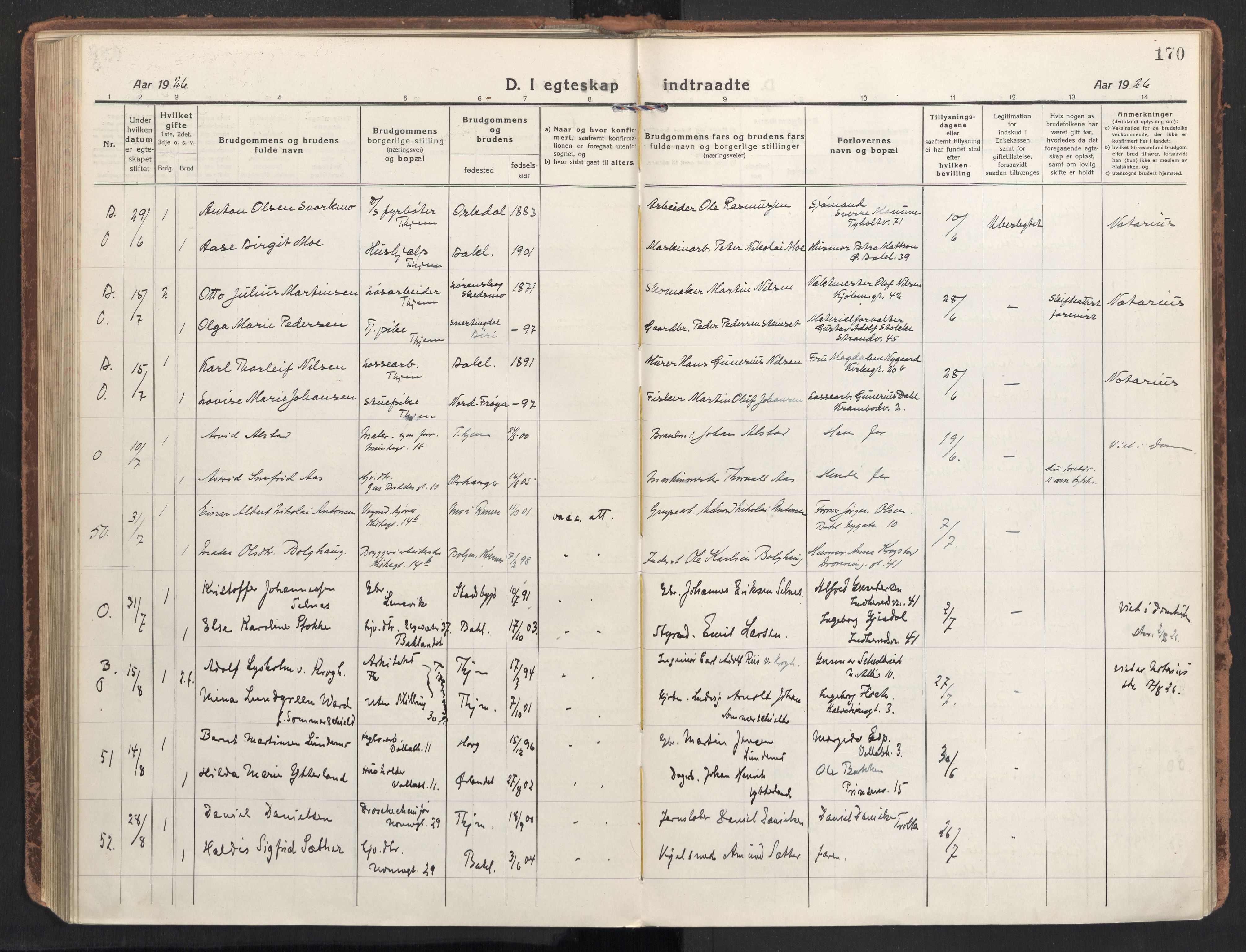 Ministerialprotokoller, klokkerbøker og fødselsregistre - Sør-Trøndelag, SAT/A-1456/604/L0206: Ministerialbok nr. 604A26, 1917-1931, s. 170