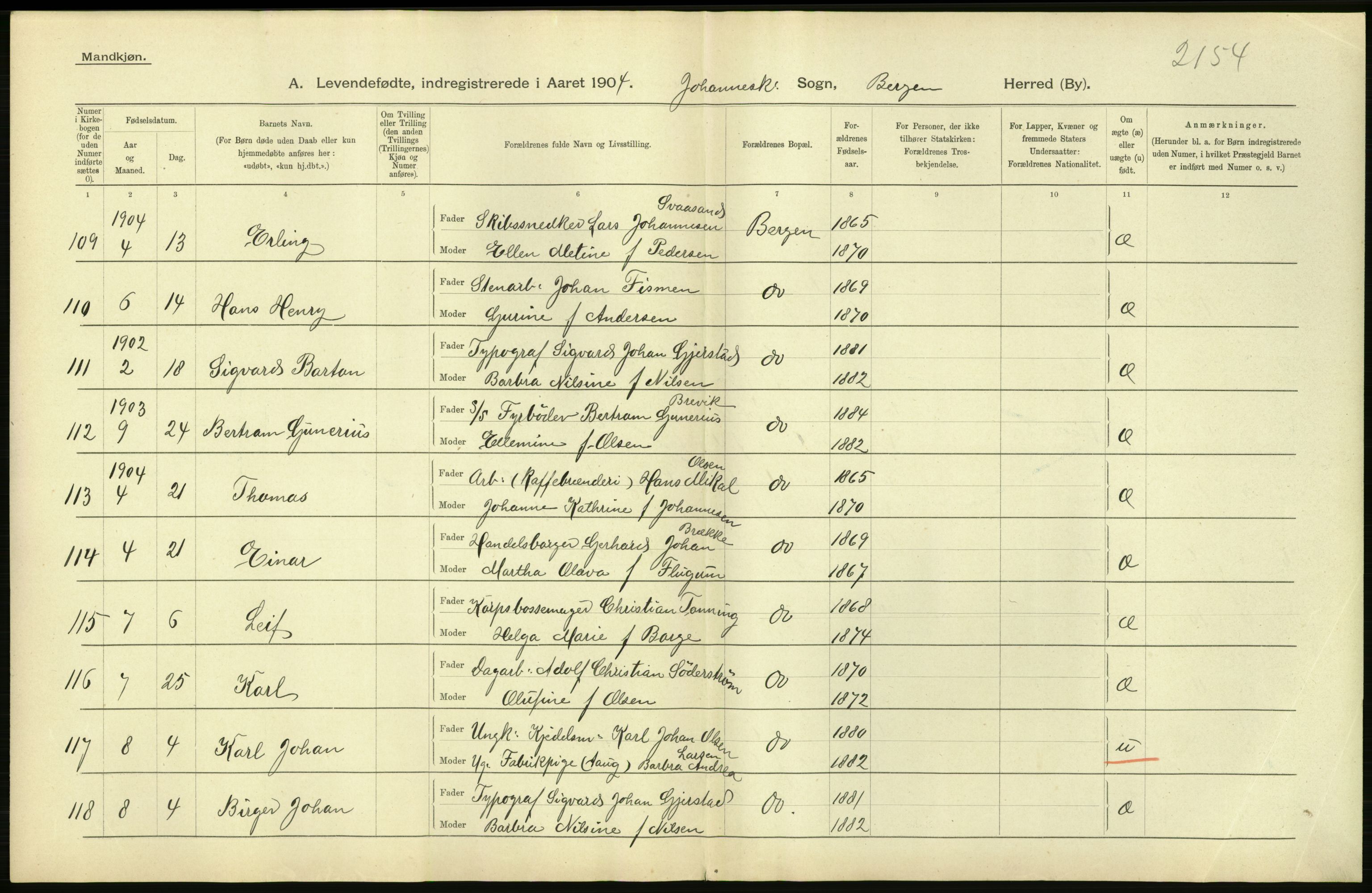 Statistisk sentralbyrå, Sosiodemografiske emner, Befolkning, AV/RA-S-2228/D/Df/Dfa/Dfab/L0014: Bergen: Fødte, gifte, døde, 1904, s. 20