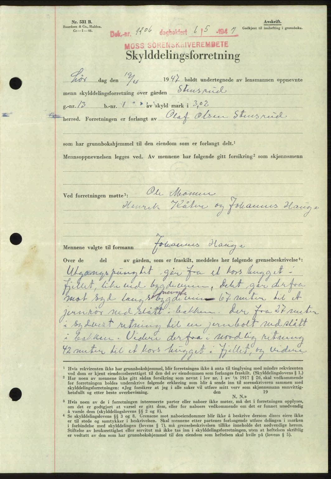 Moss sorenskriveri, SAO/A-10168: Pantebok nr. A17, 1947-1947, Dagboknr: 1206/1947