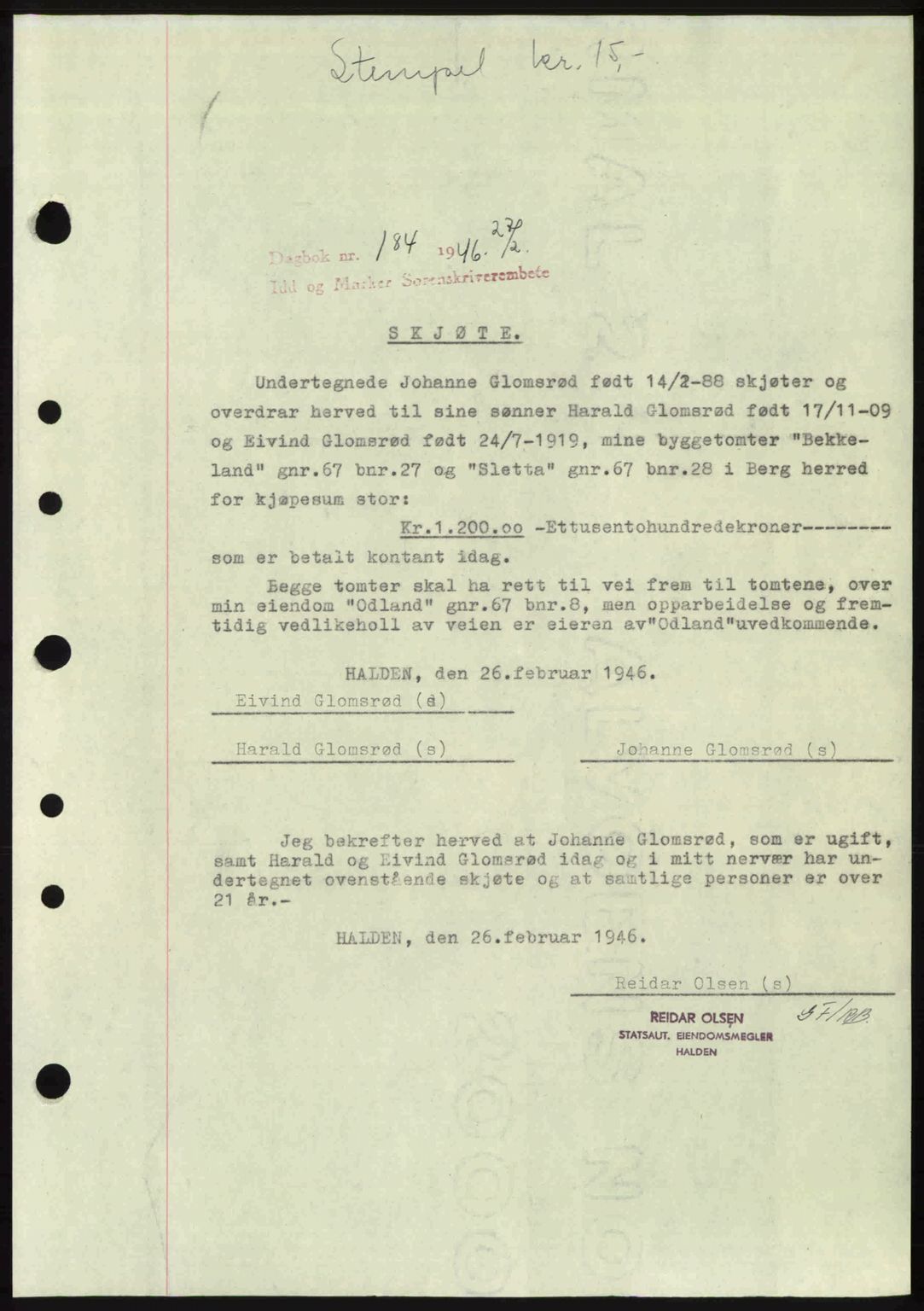 Idd og Marker sorenskriveri, SAO/A-10283/G/Gb/Gbb/L0008: Pantebok nr. A8, 1946-1946, Dagboknr: 184/1946