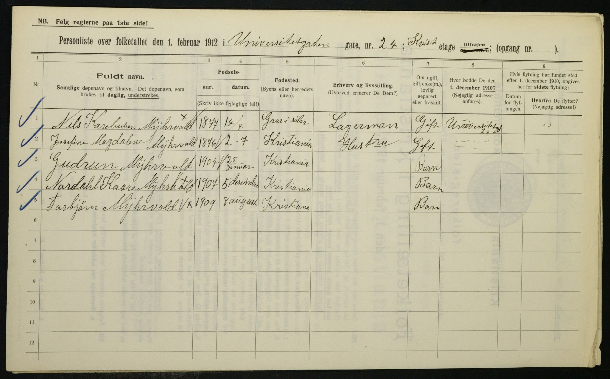 OBA, Kommunal folketelling 1.2.1912 for Kristiania, 1912, s. 120182