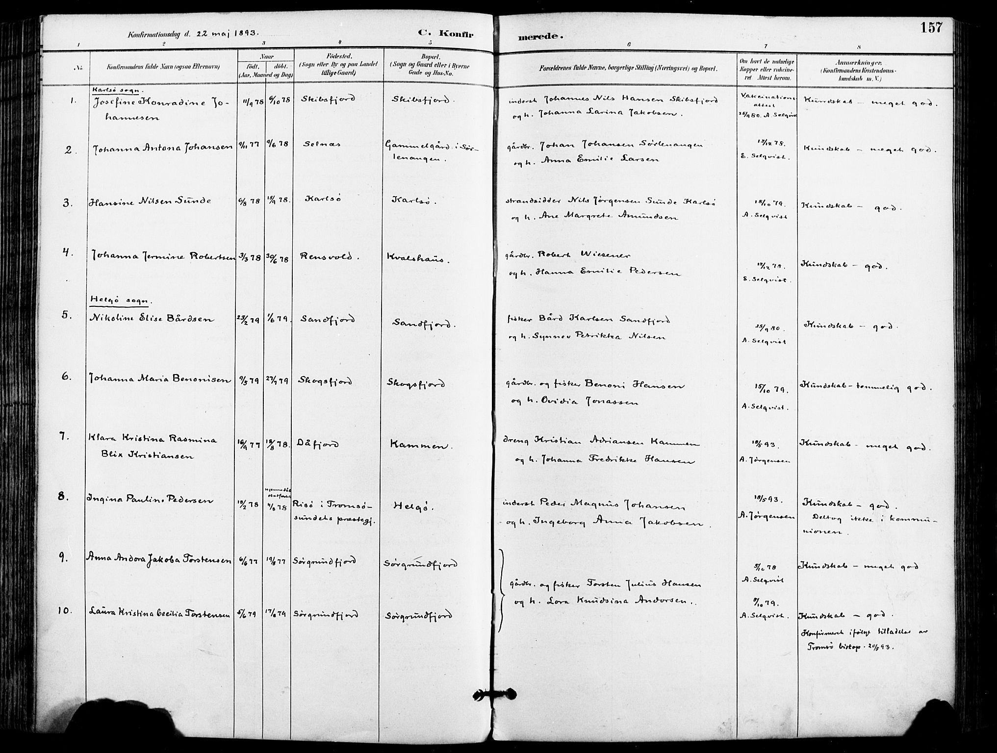 Karlsøy sokneprestembete, SATØ/S-1299/H/Ha/Haa/L0007kirke: Ministerialbok nr. 7, 1891-1902, s. 157