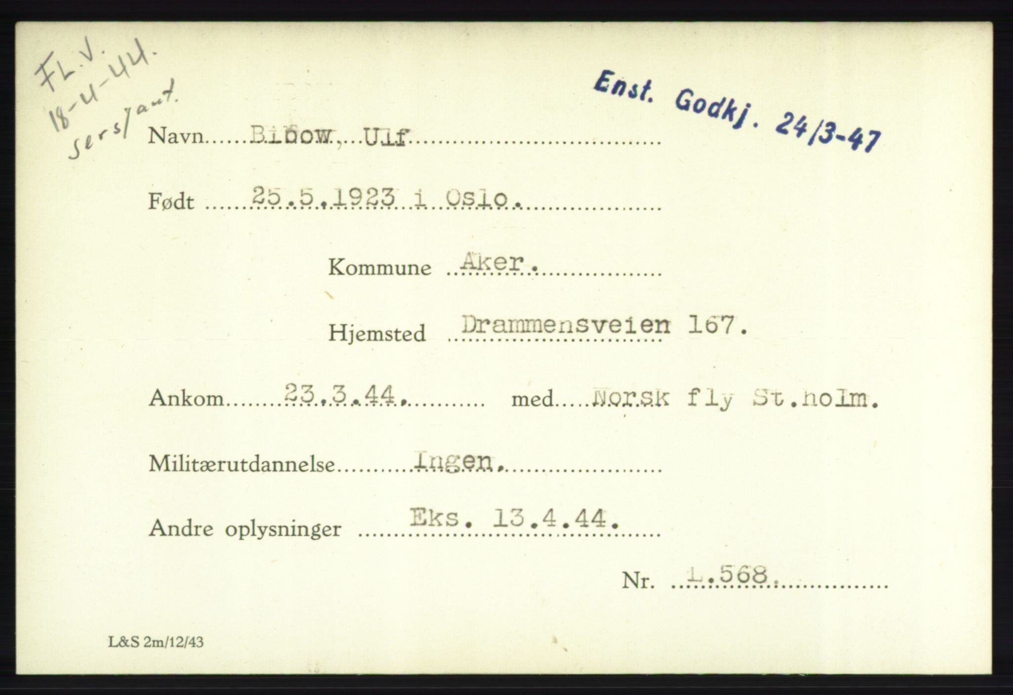 Forsvarets Overkommando. 2. kontor. Arkiv 8.1. Mottakersentralen FDE og FO.II, RA/RAFA-6952/P/Pa/L0003a: Bibbo - Brauther, 1940-1945, s. 2