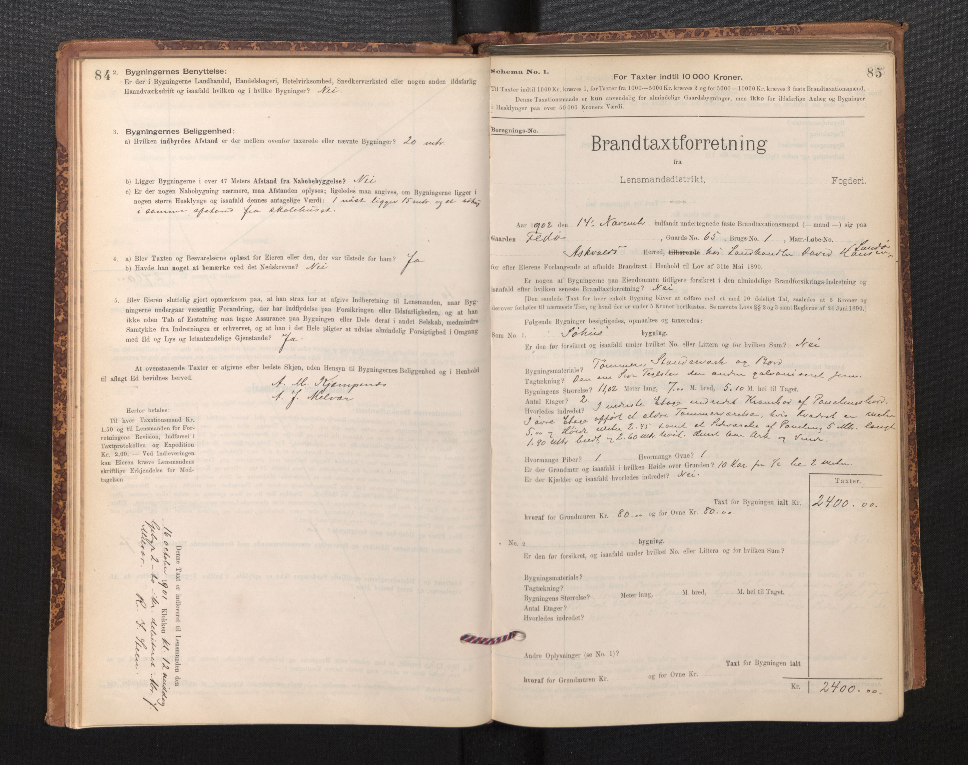 Lensmannen i Askvoll, SAB/A-26301/0012/L0004: Branntakstprotokoll, skjematakst og liste over branntakstmenn, 1895-1932, s. 84-85