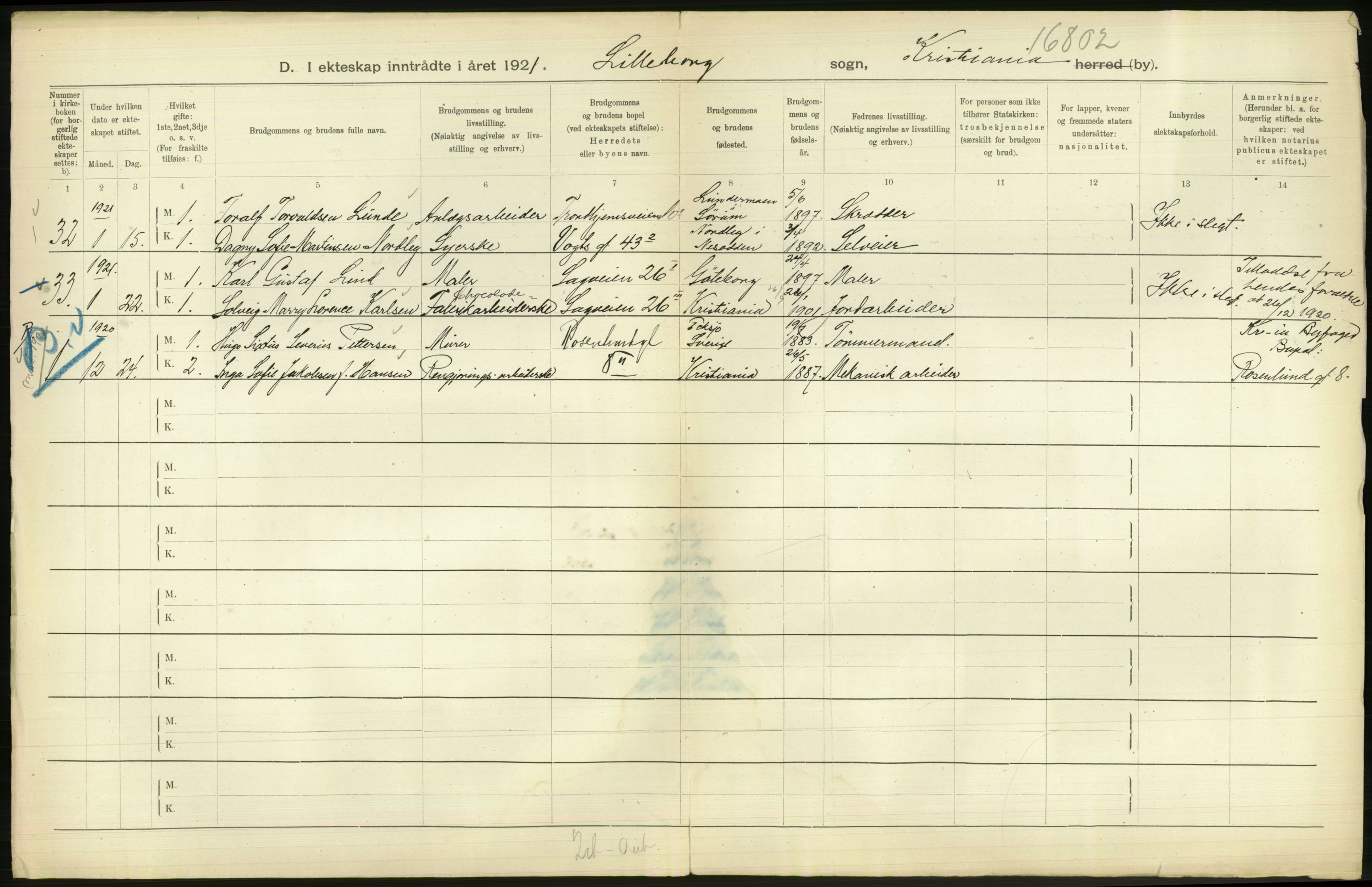 Statistisk sentralbyrå, Sosiodemografiske emner, Befolkning, AV/RA-S-2228/D/Df/Dfc/Dfca/L0011: Kristiania: Gifte, 1921, s. 436